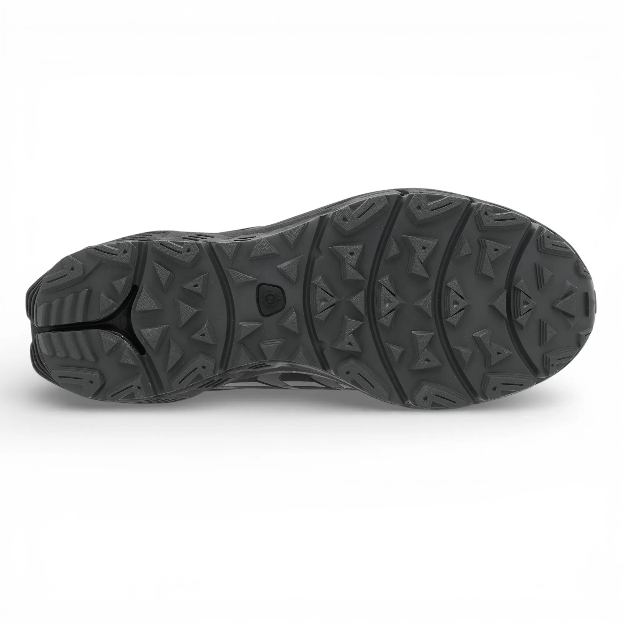 Black shoe sole with tread pattern on a white background