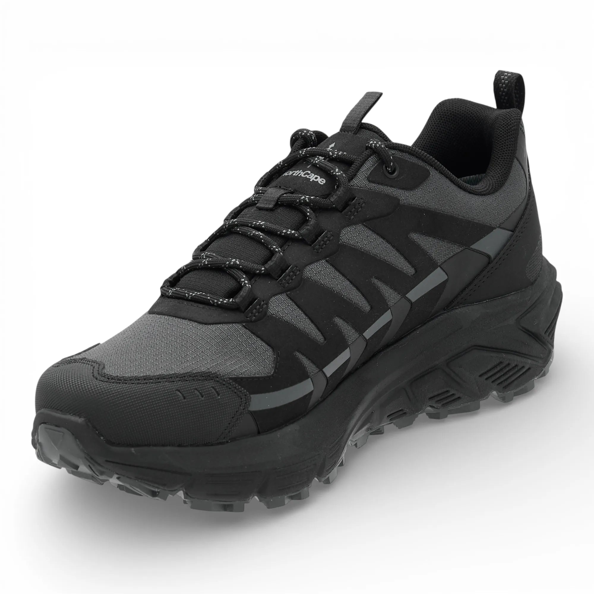Black and gray athletic shoe on a white background