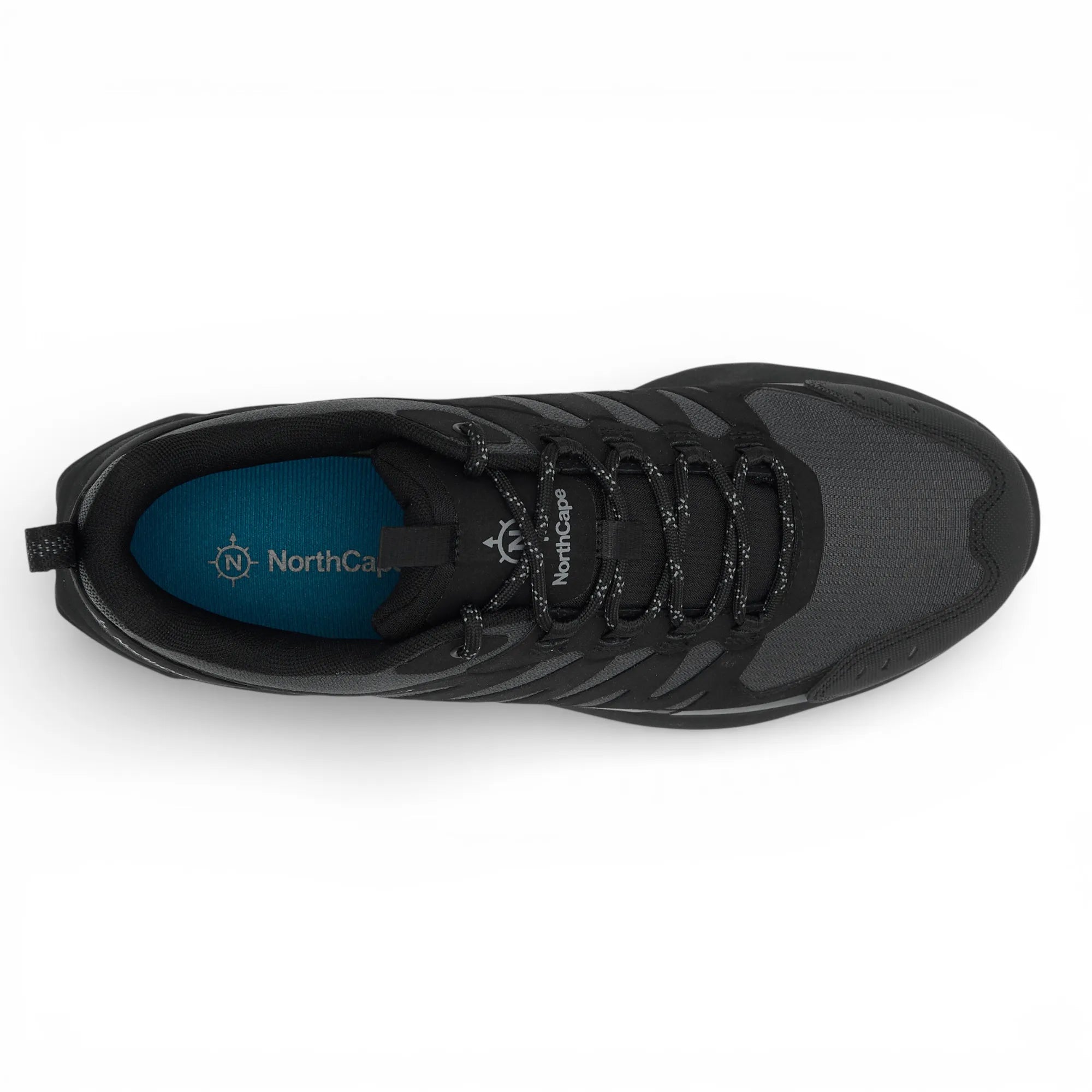 Black sneaker with visible brand logo on a white background