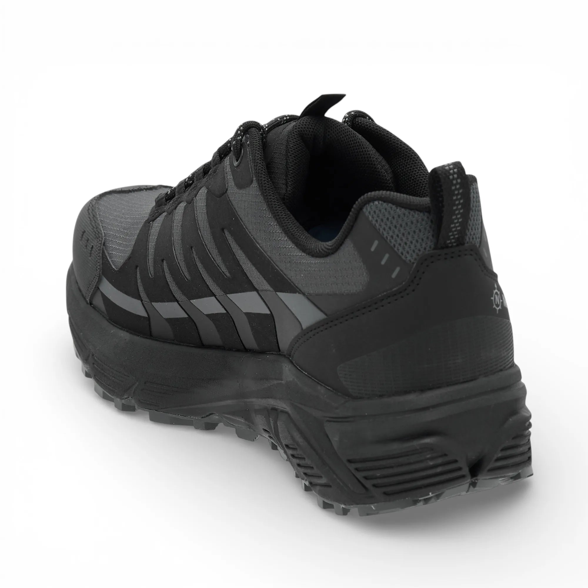 Black sneaker with logo on a white background