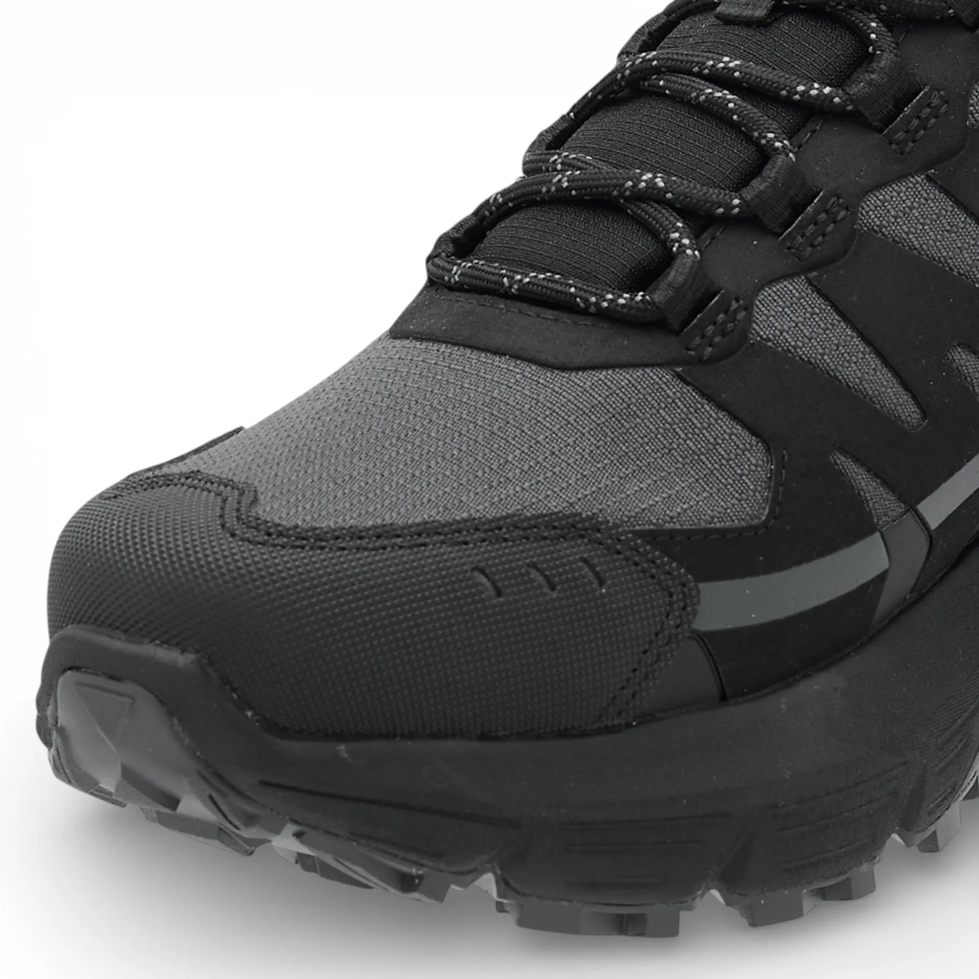 Black and gray hiking shoe on a white background