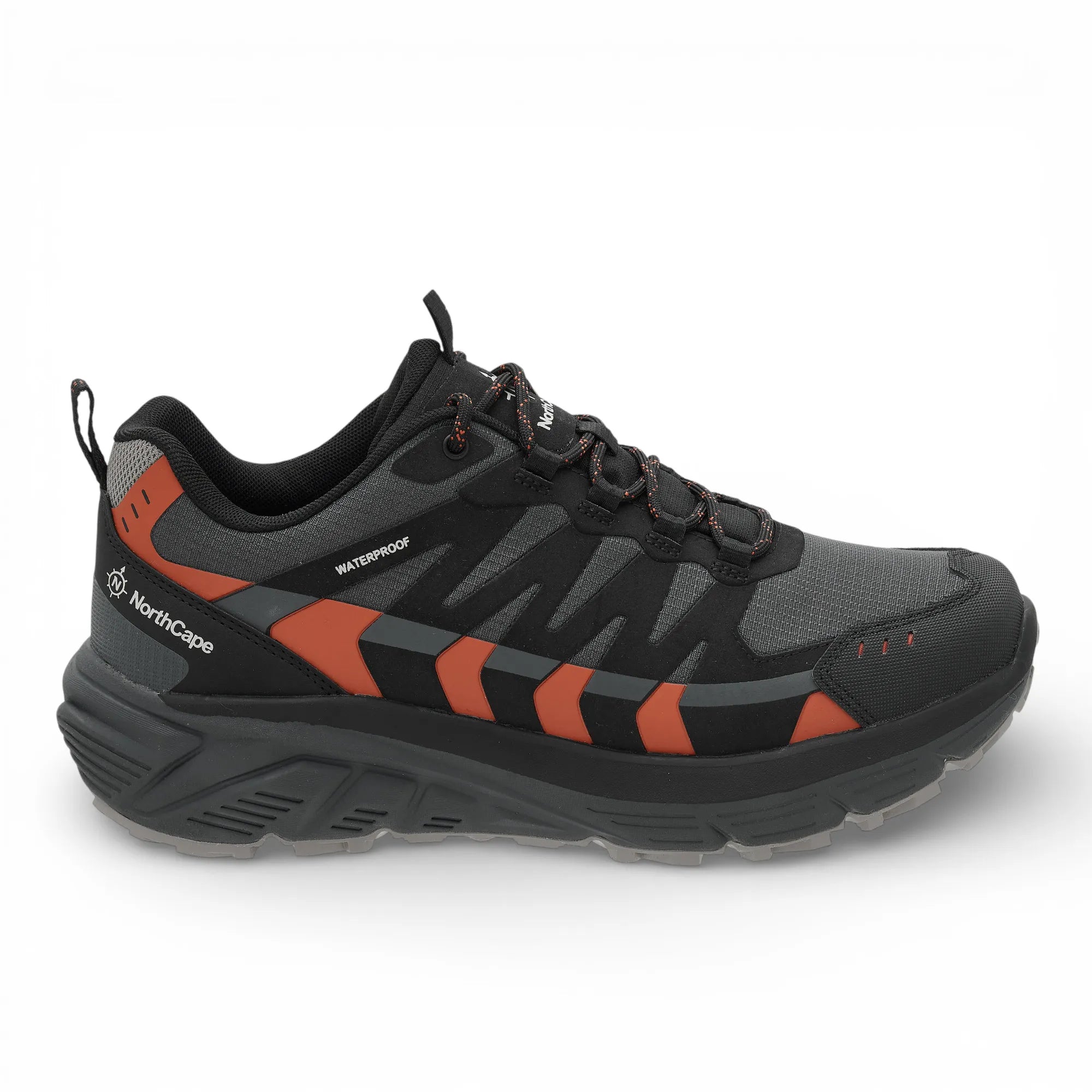Black and orange hiking shoe with 'NorthCape' branding on a white background