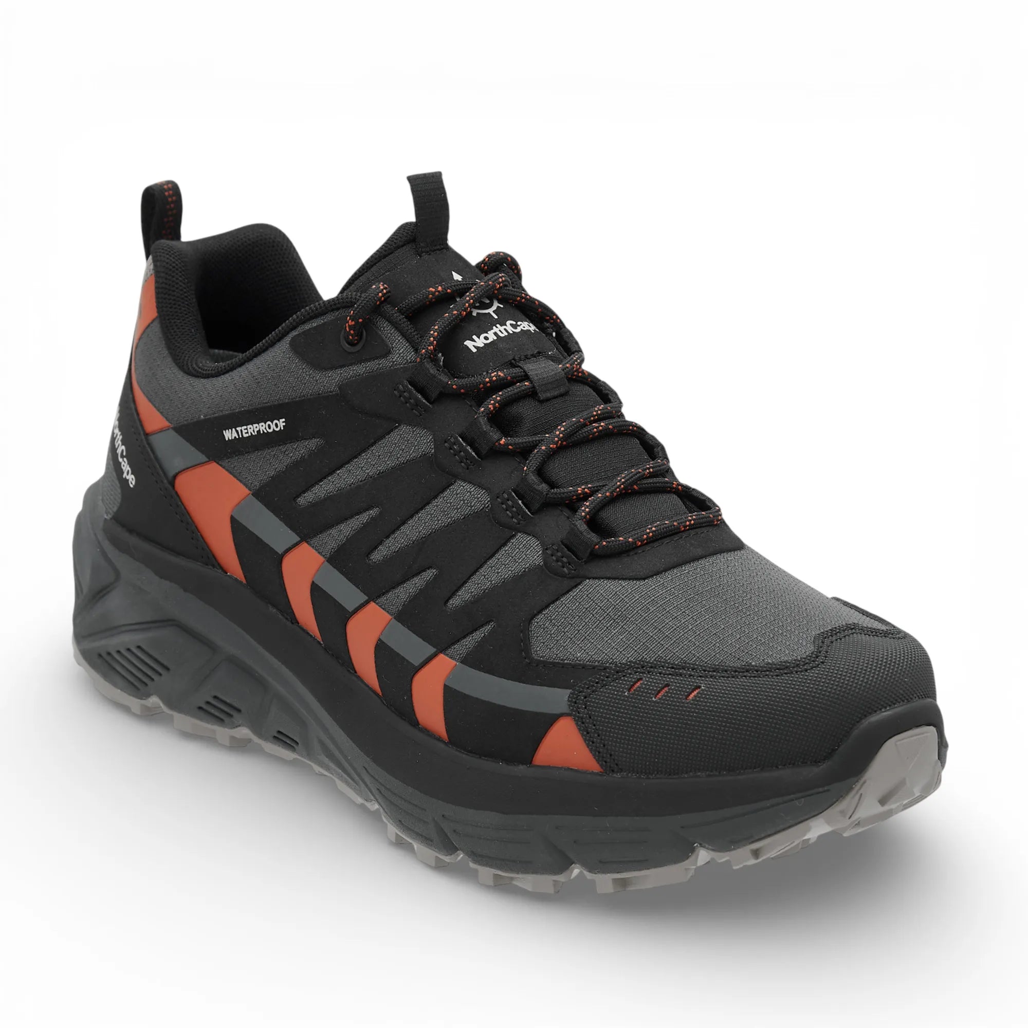 Black and gray hiking shoe with orange accents on a white background
