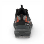 Black and gray hiking shoe with orange accents on a white background