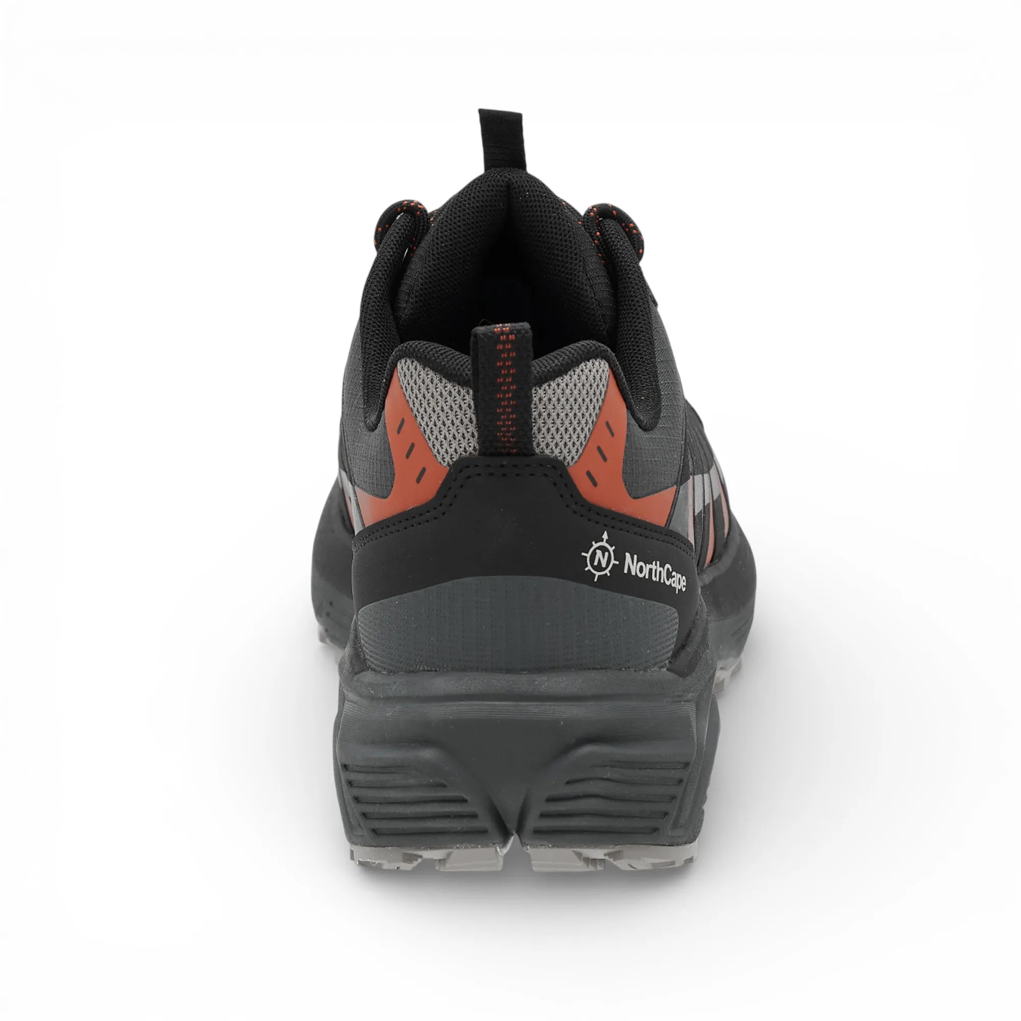 Black and gray hiking shoe with orange accents on a white background