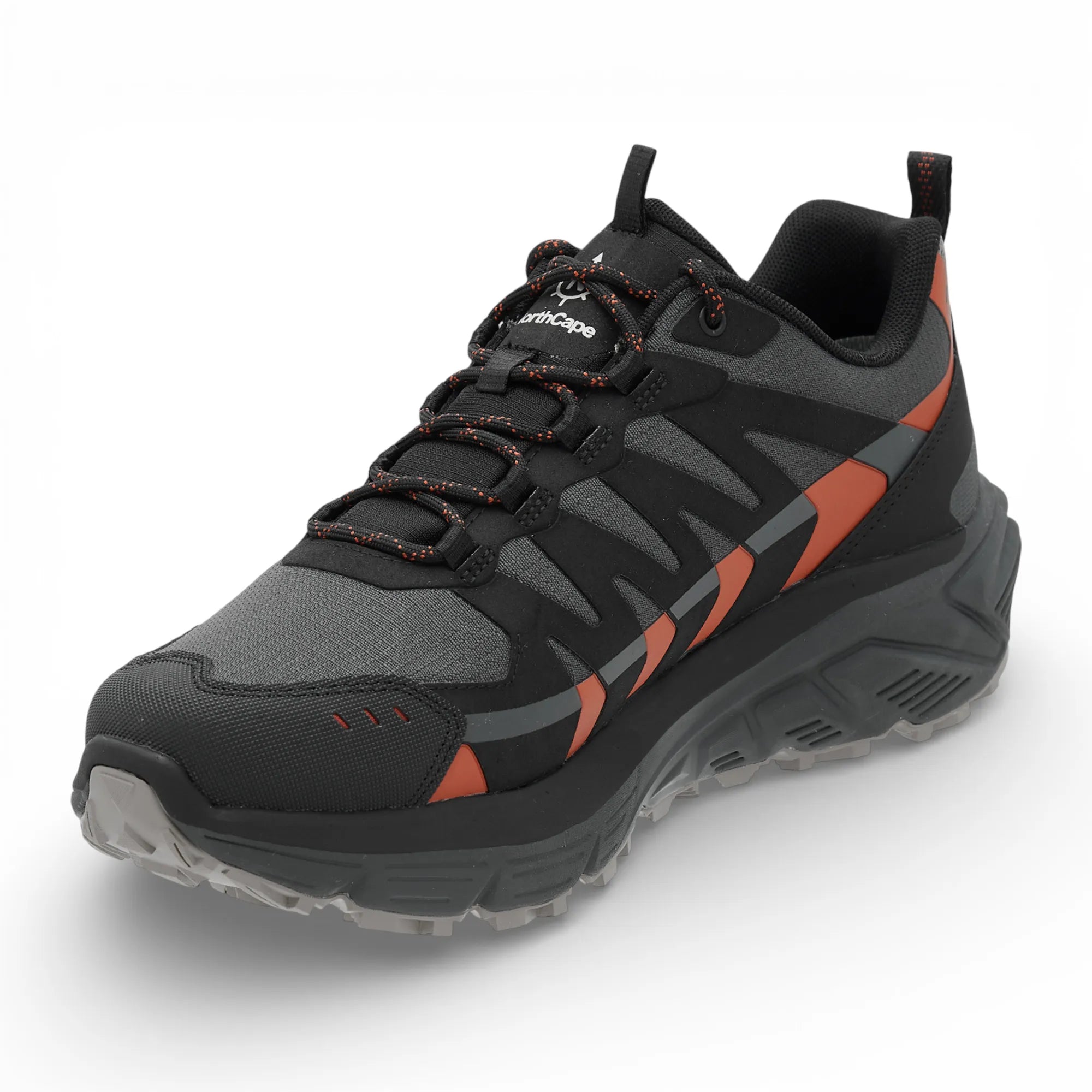 Black and gray athletic shoe with orange accents on a white background