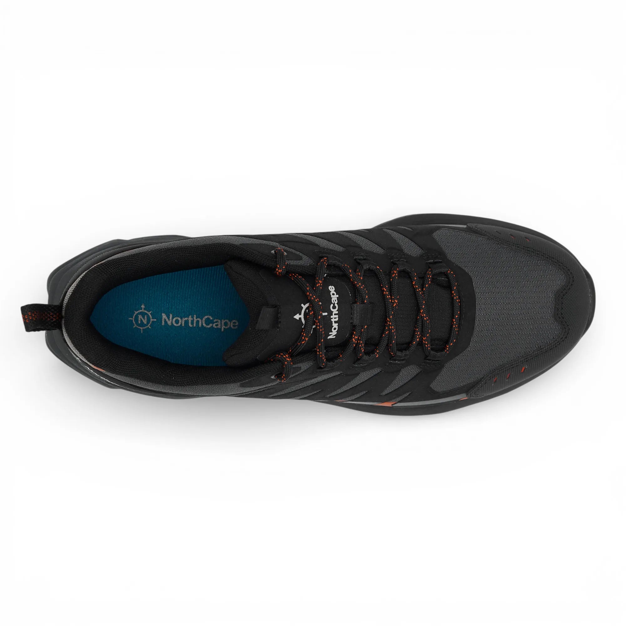 Black athletic shoe with visible branding on a white background