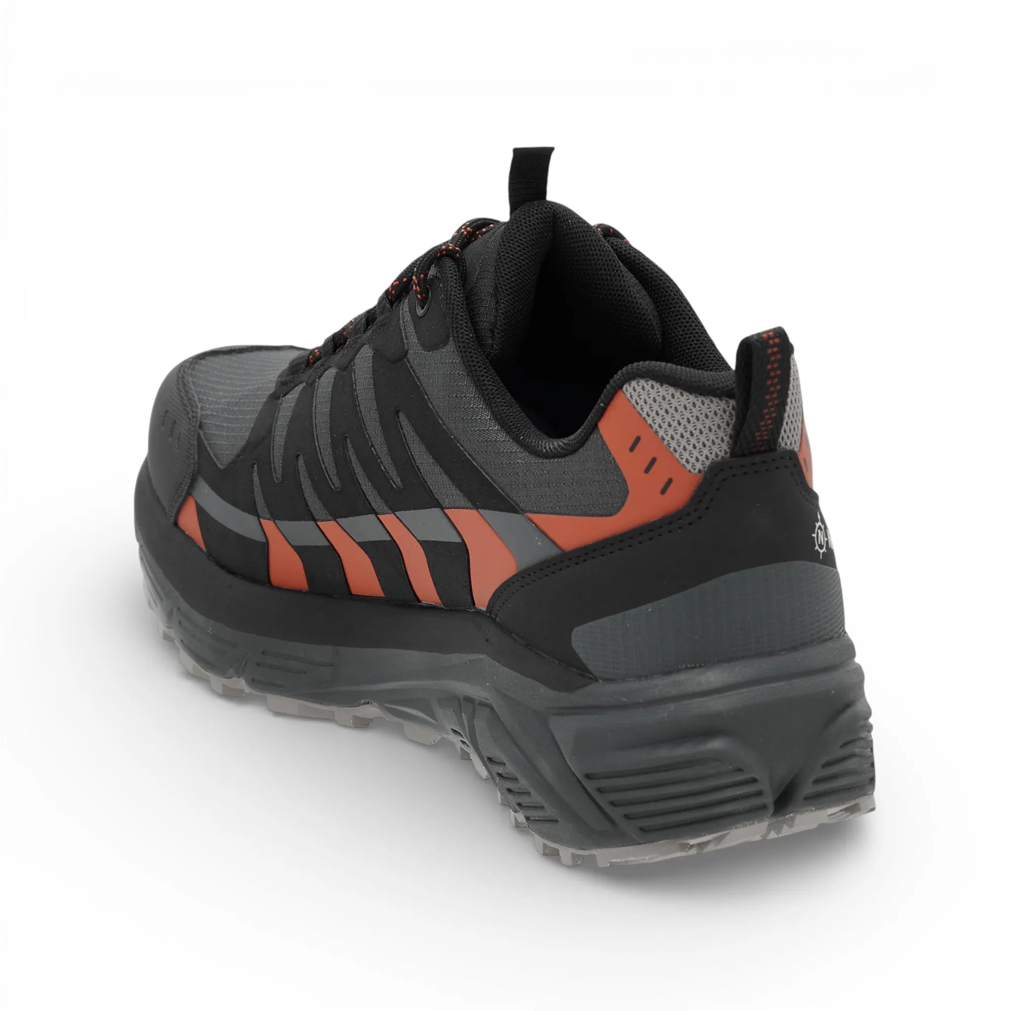 Black and orange athletic shoe on a white background