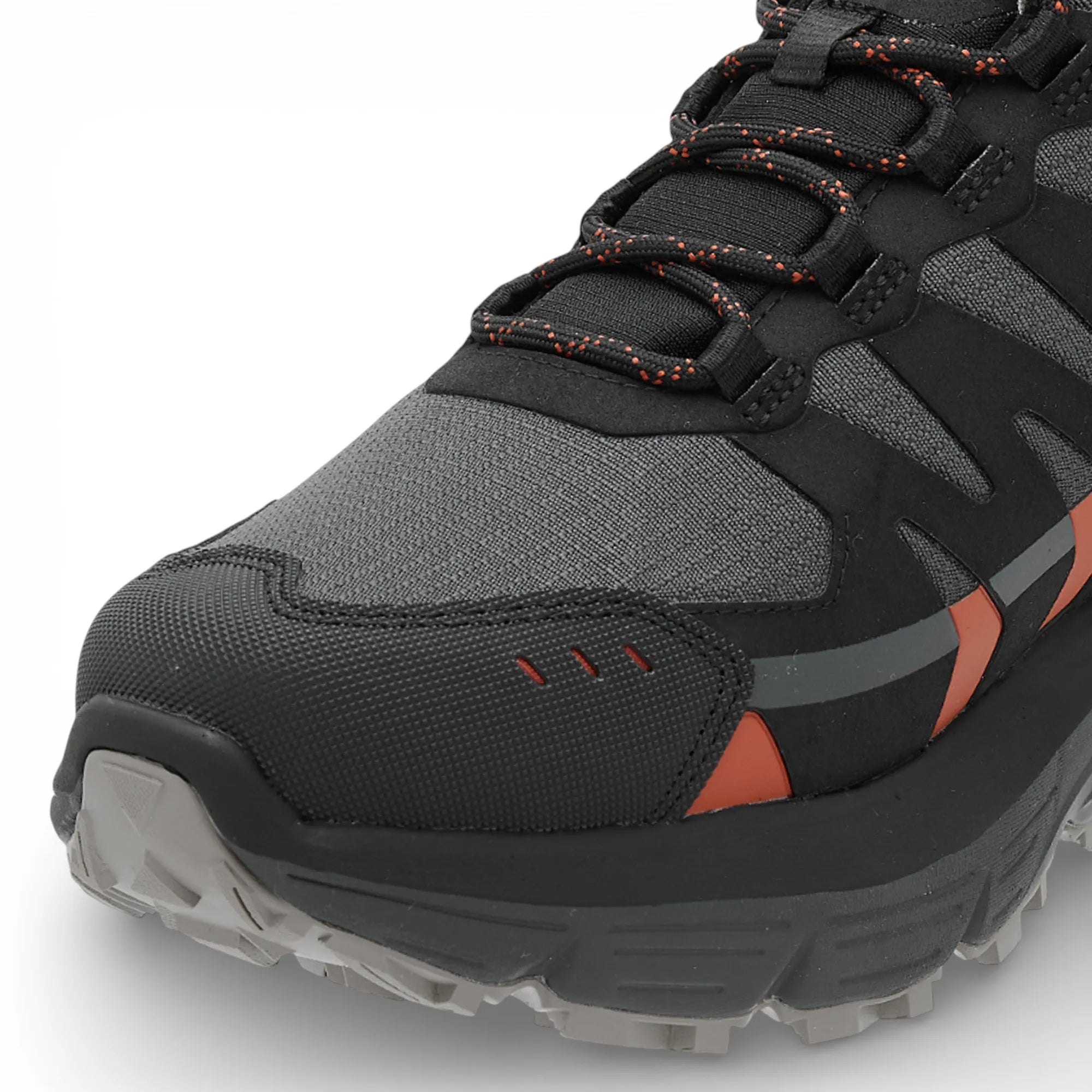Black and gray hiking shoe with orange accents on a white background