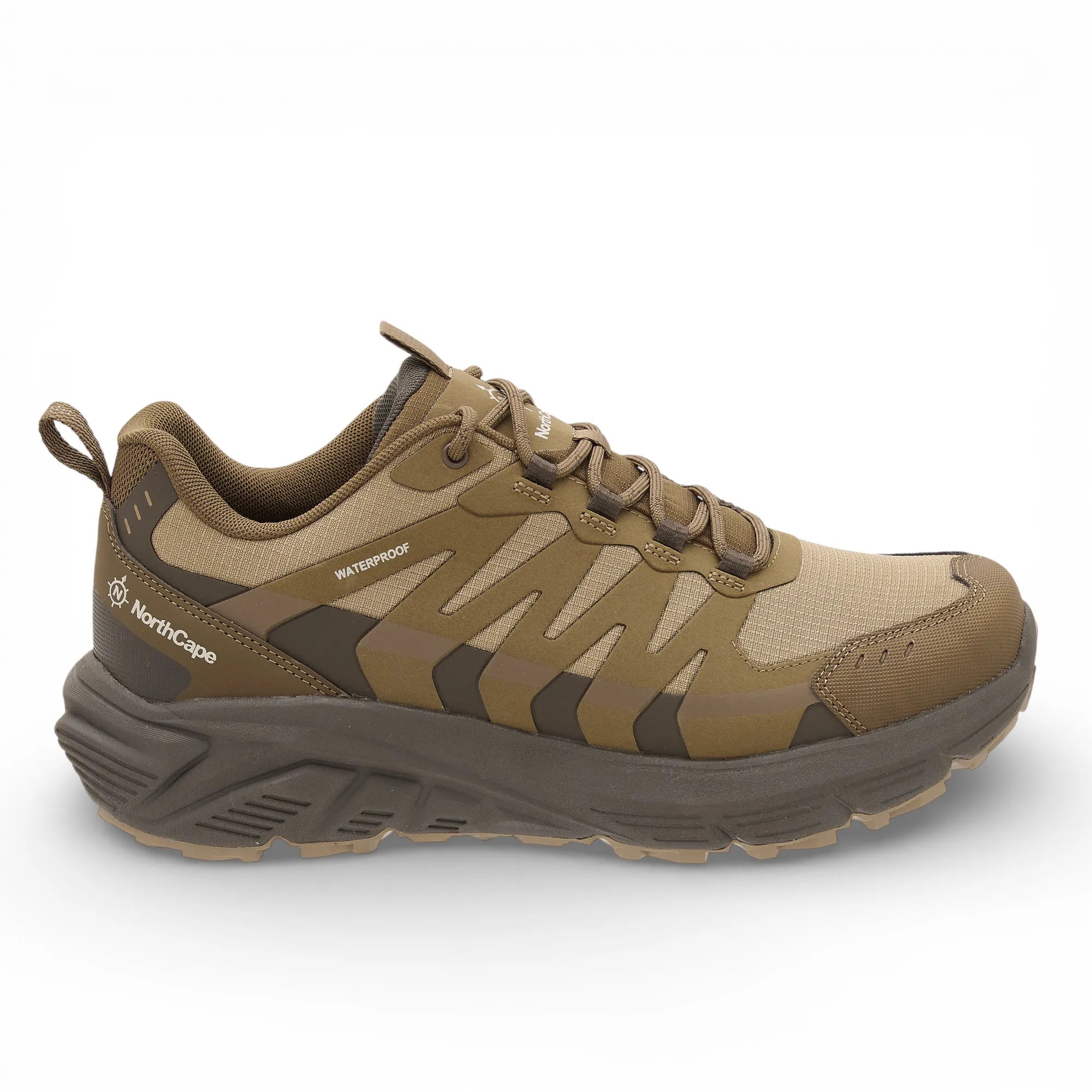 Brown hiking shoe with visible brand logo on a white background