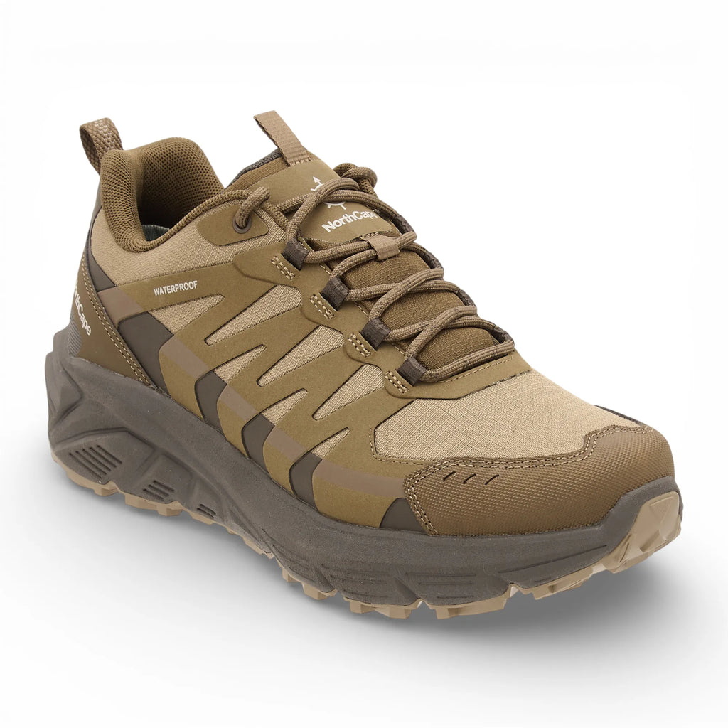 Brown hiking shoe with visible brand logo on a white background