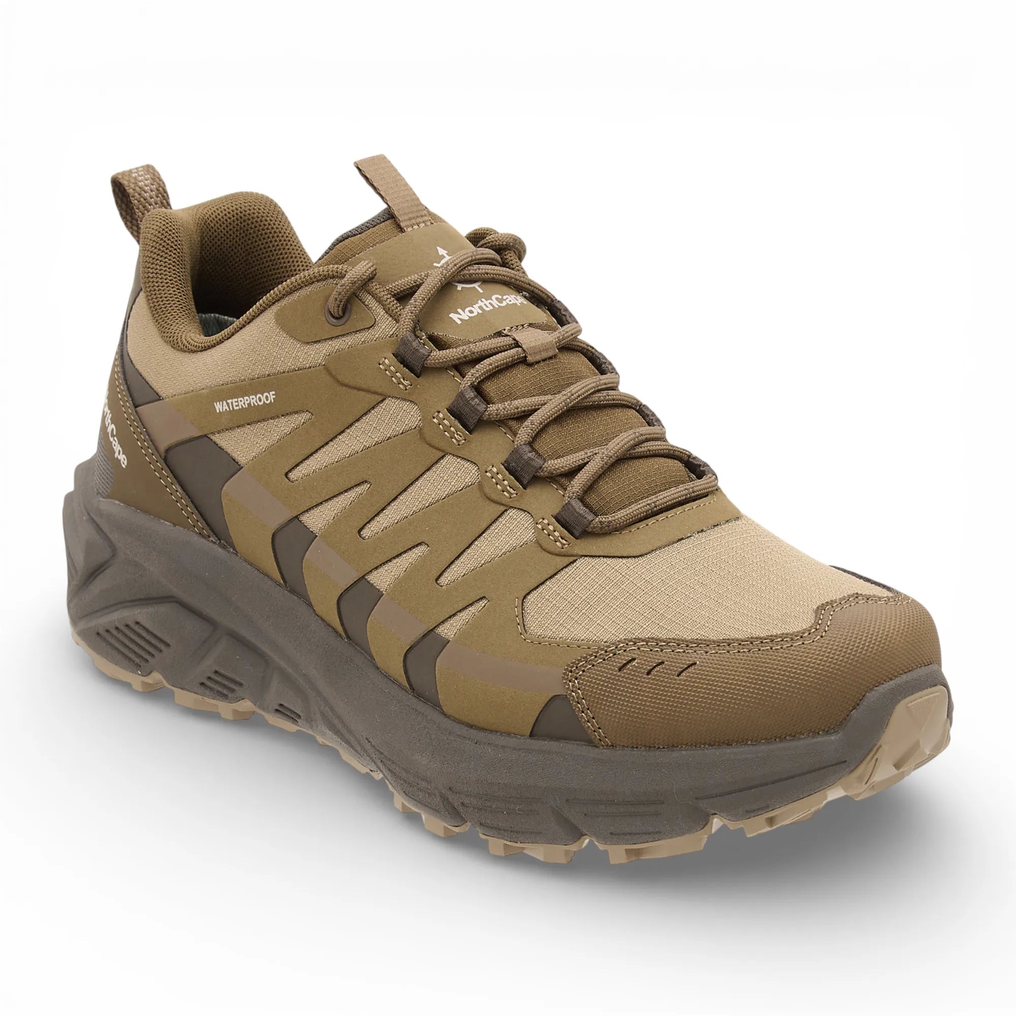 Brown hiking shoe with visible brand logo on a white background
