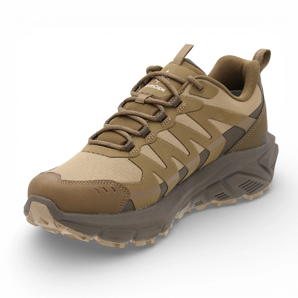 Brown hiking shoe on a white background