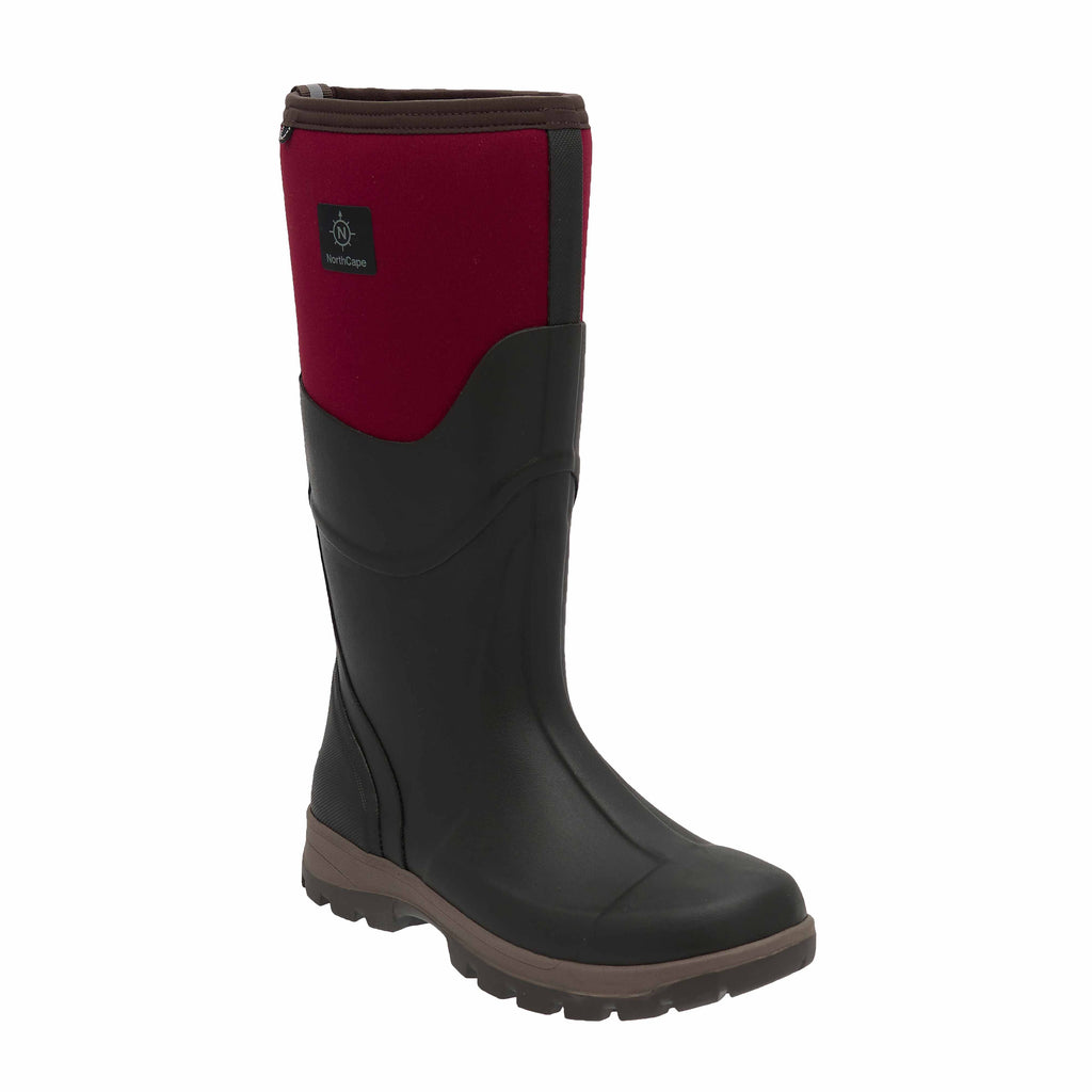 Black and red rubber boot on a white background