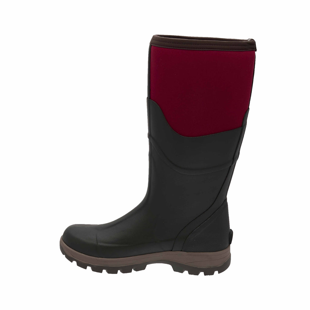 Black and red rubber boot on a white background