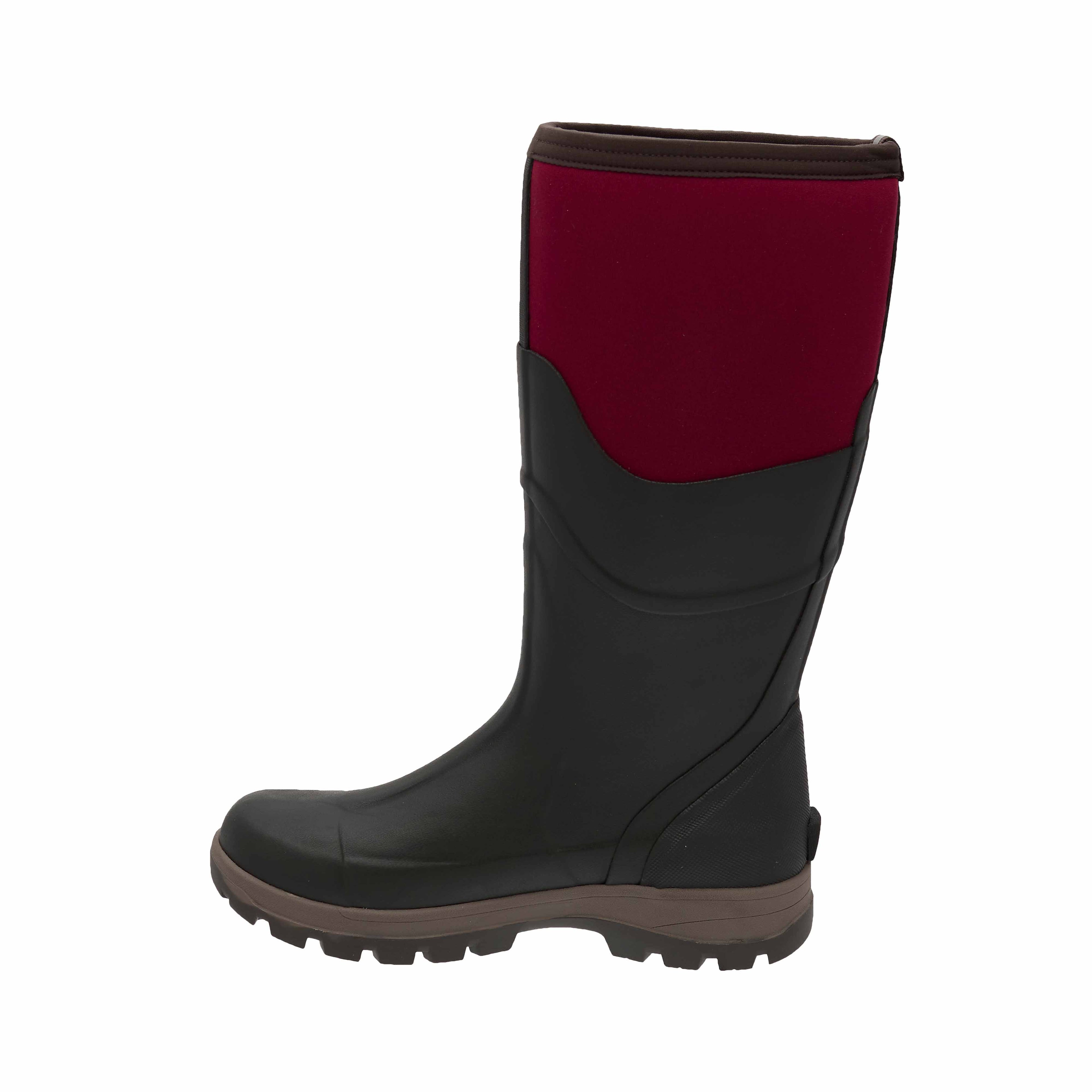 Black and red rubber boot on a white background