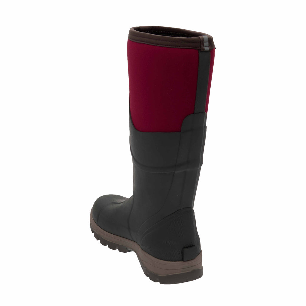 Black and red rubber boot on a white background