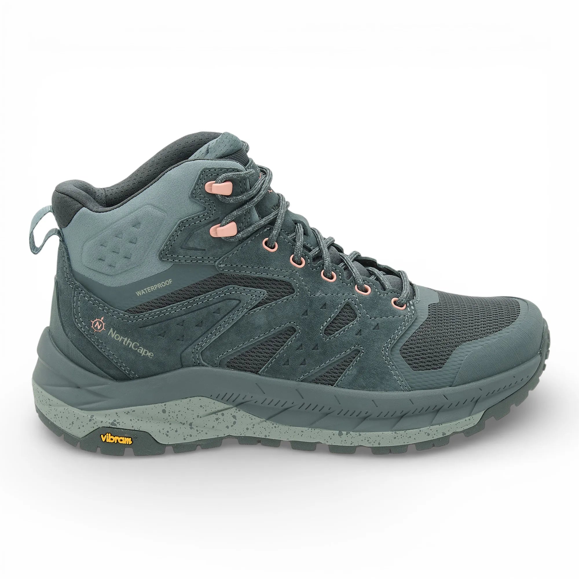 Green hiking boot with visible brand logos on a white background
