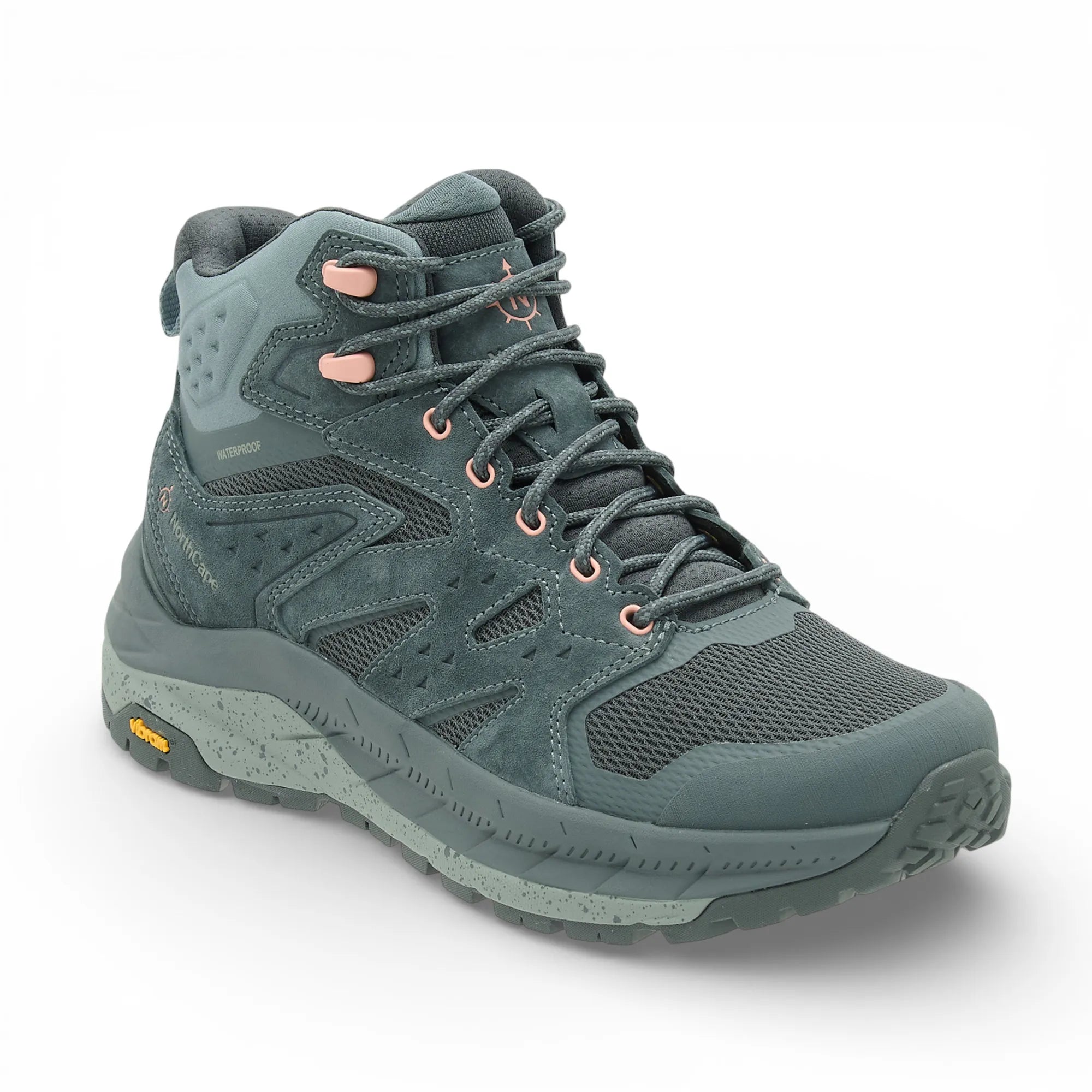 Green hiking boot on a white background