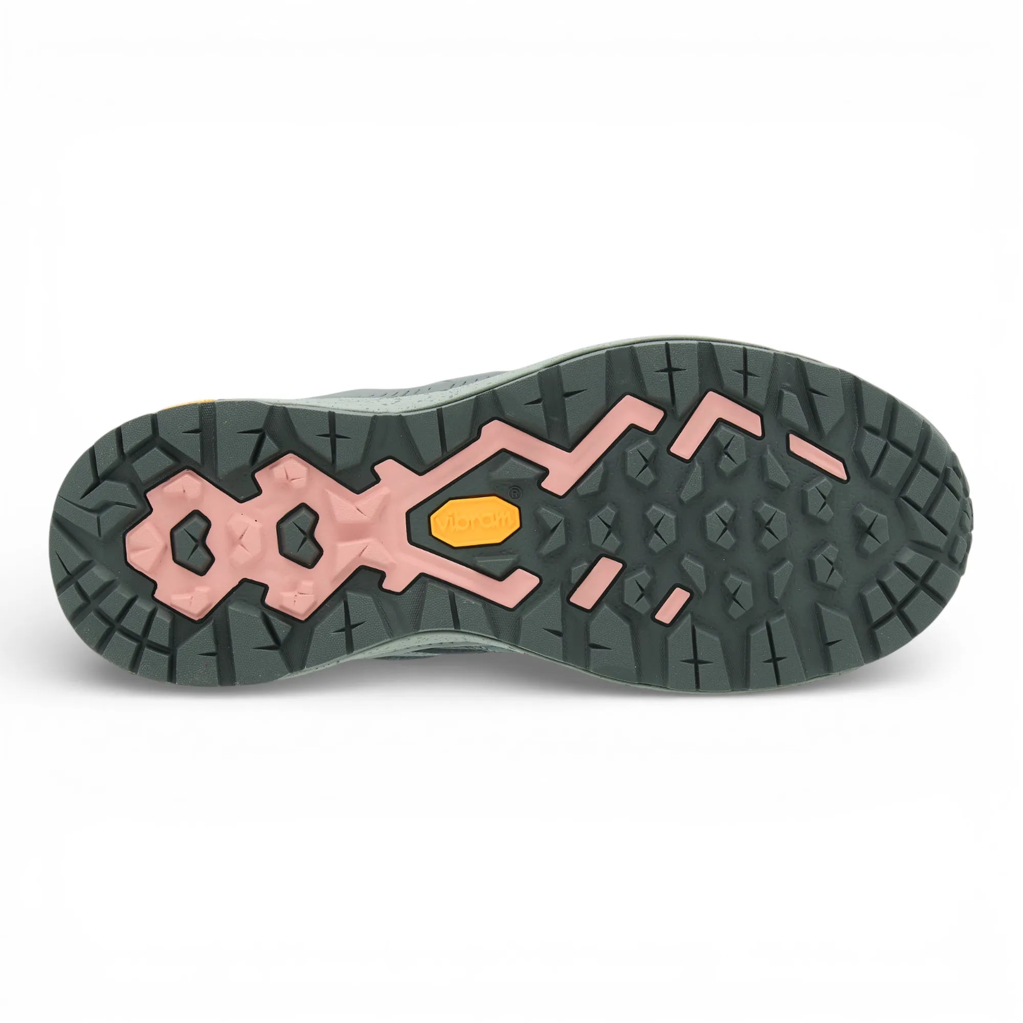 Close-up of a shoe sole with a unique tread pattern on a white background