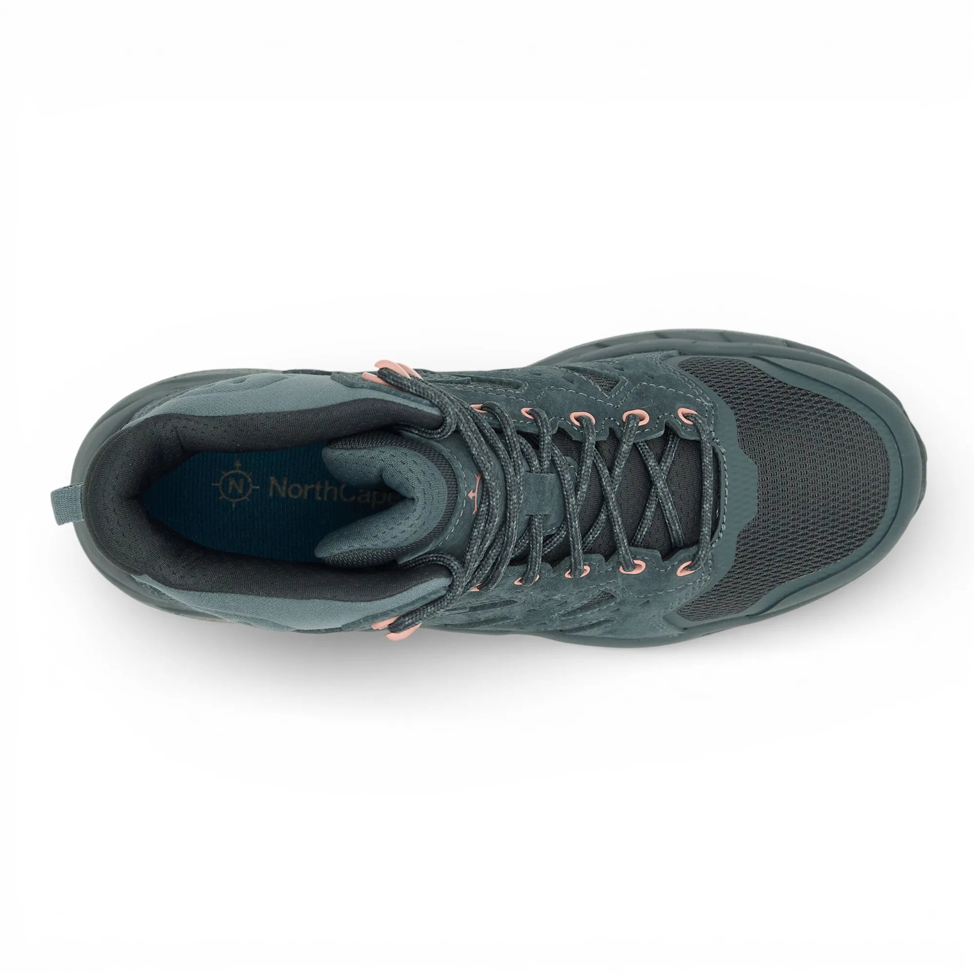 Green hiking boot with 'The North Face' logo on a white background