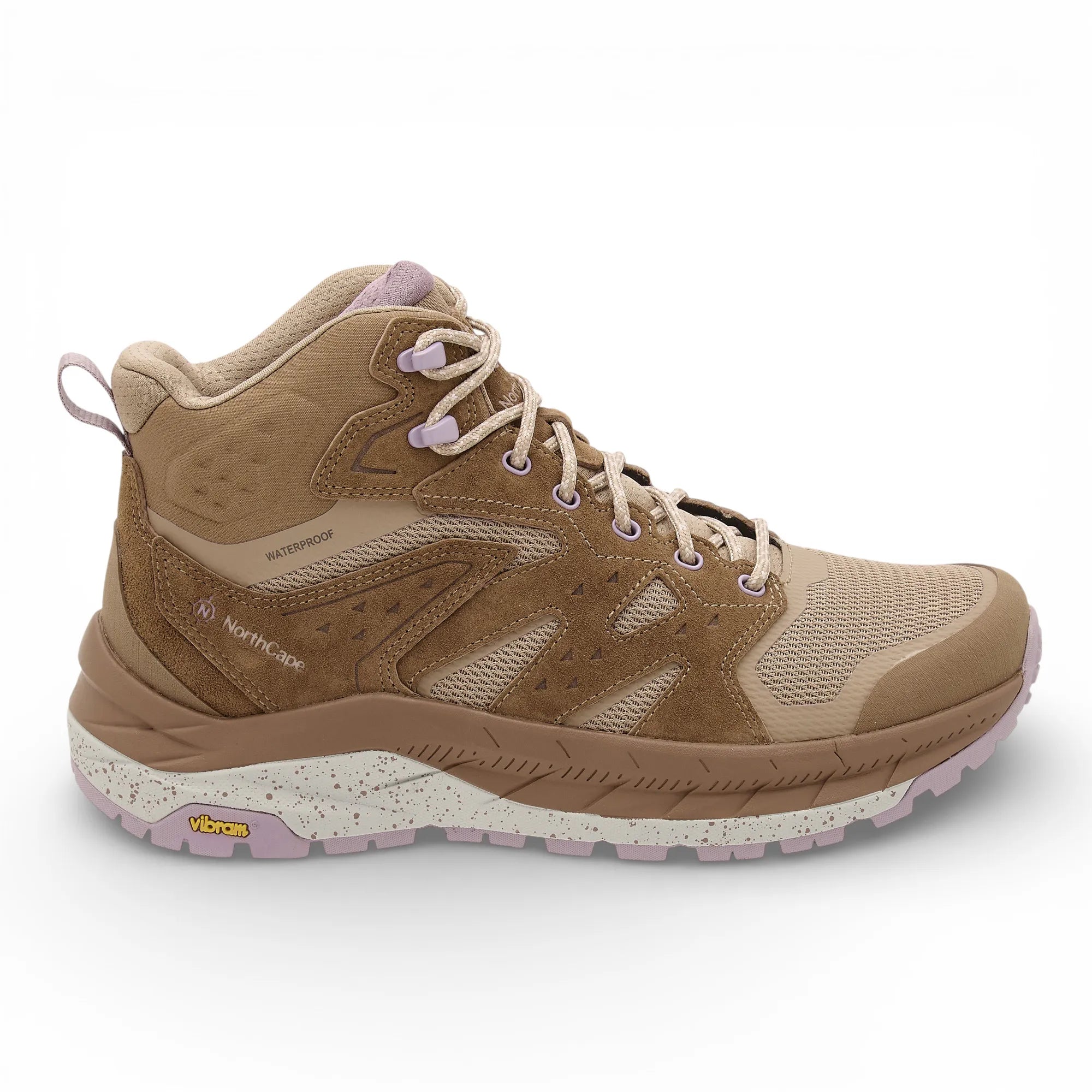 Tan hiking boot with white laces on a white background