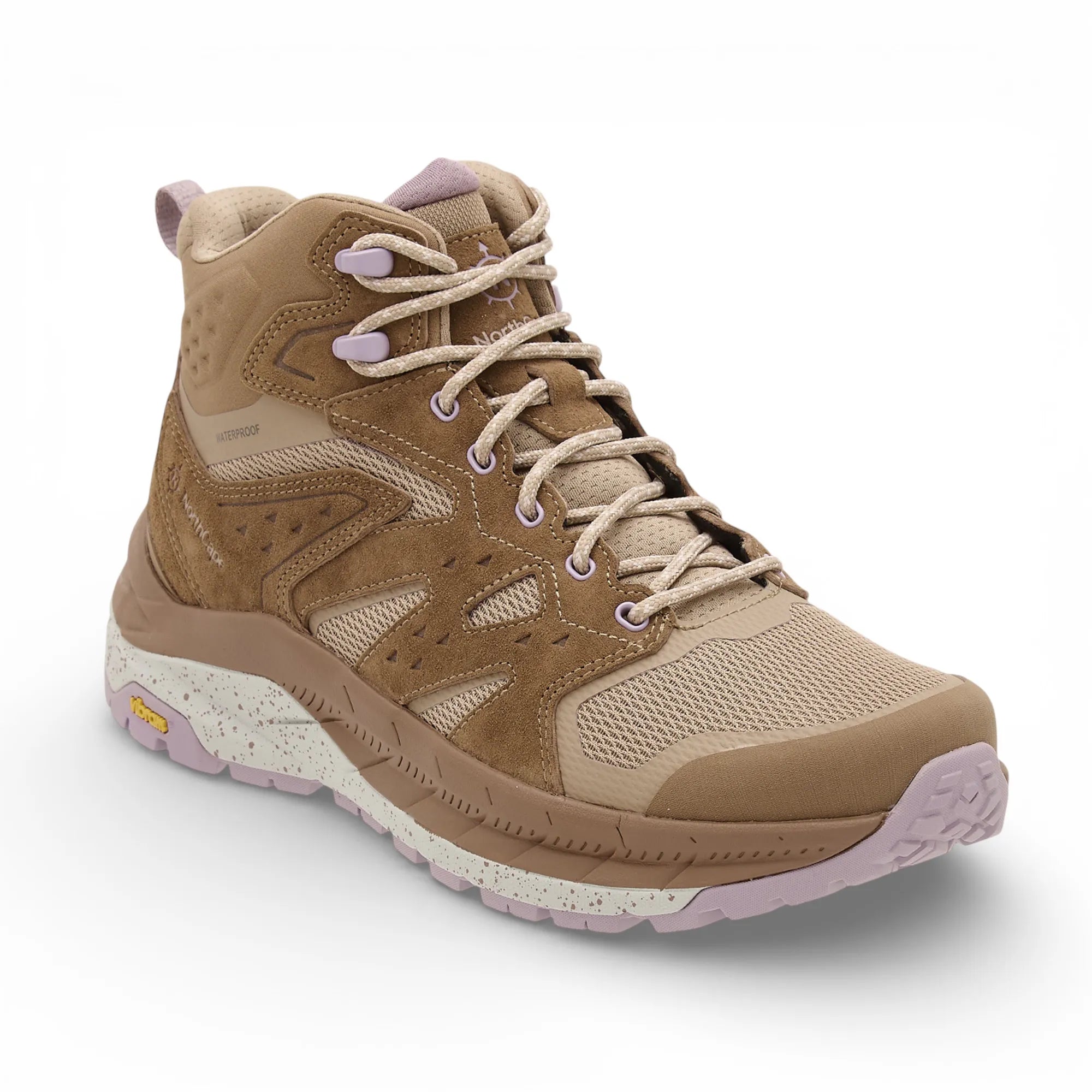 Brown hiking boot with pink sole on a white background