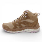 Tan hiking boot with white laces on a white background