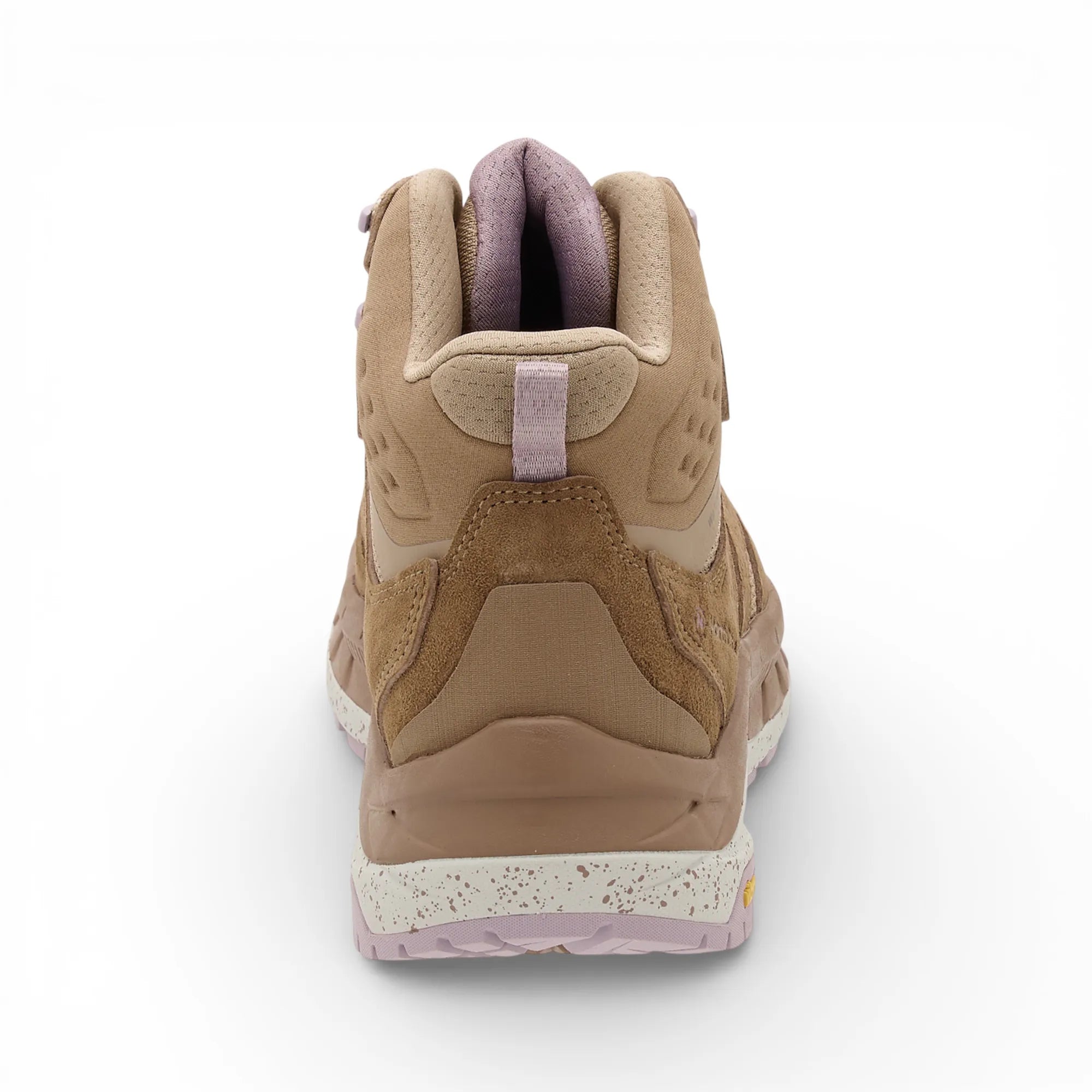 Tan sneaker with purple accents on a white background