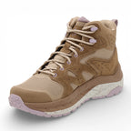 Tan hiking boot with pink accents on a white background