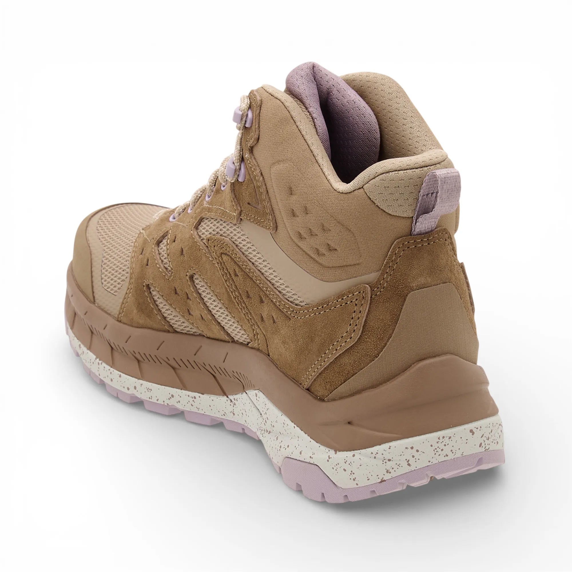 Brown sneaker with pink accents on a white background