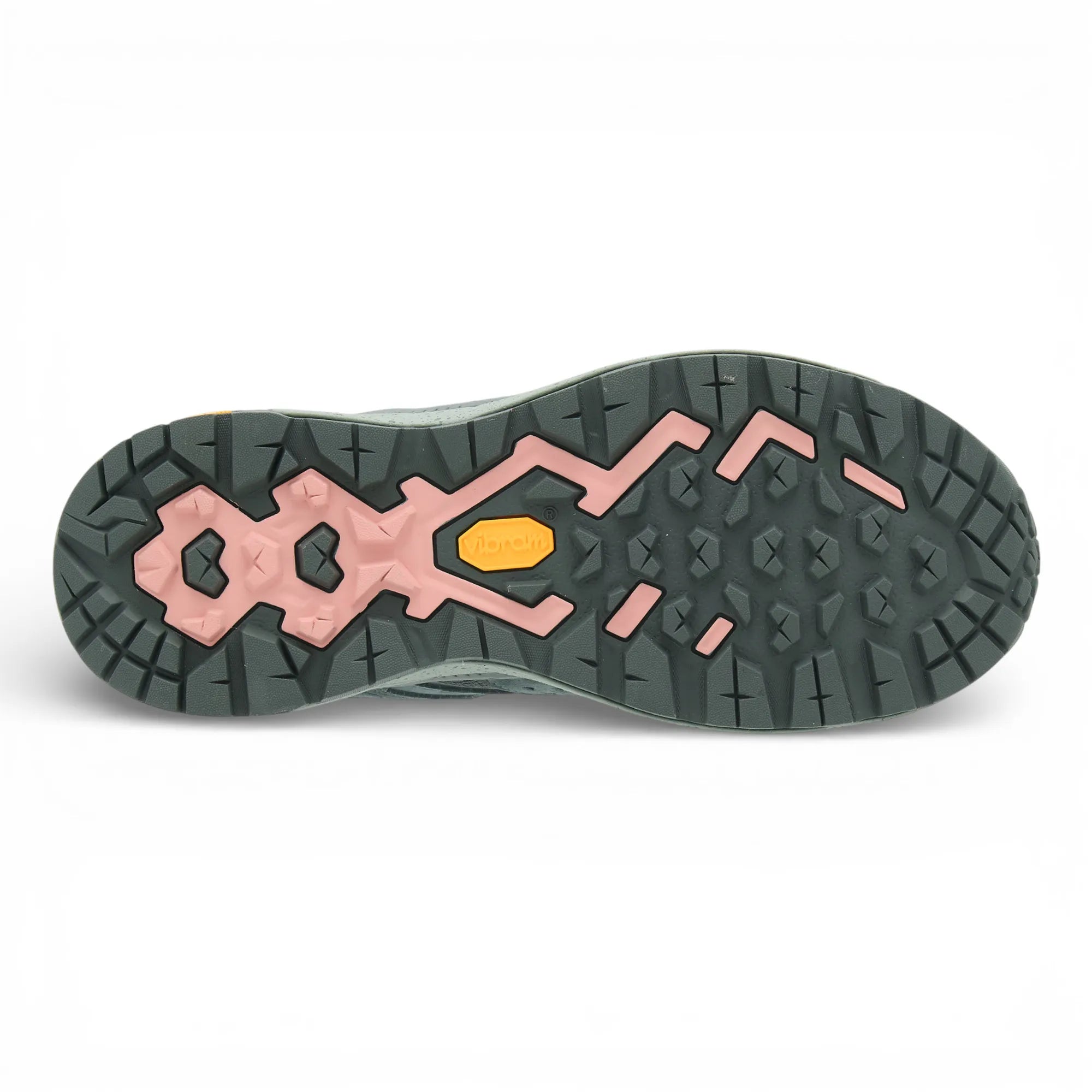 Close-up of a shoe sole with pink and yellow accents on a white background