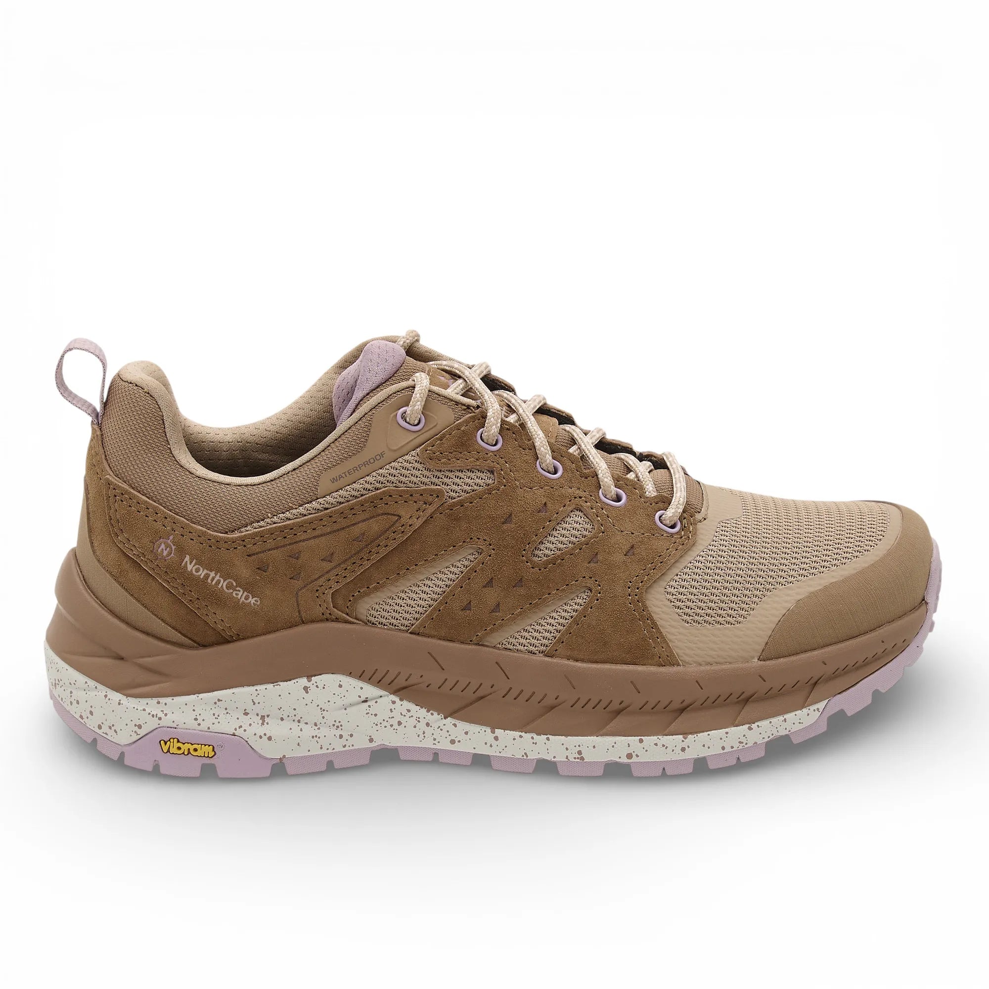 Brown hiking shoe with pink accents on a white background
