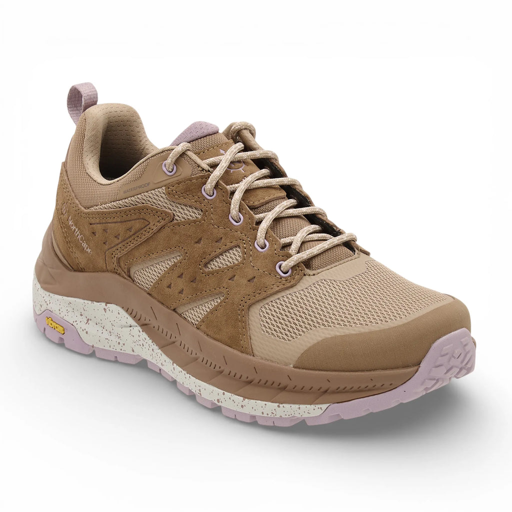 Brown hiking shoe with pink accents on a white background