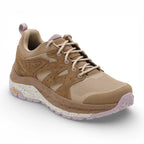 Brown hiking shoe with pink accents on a white background