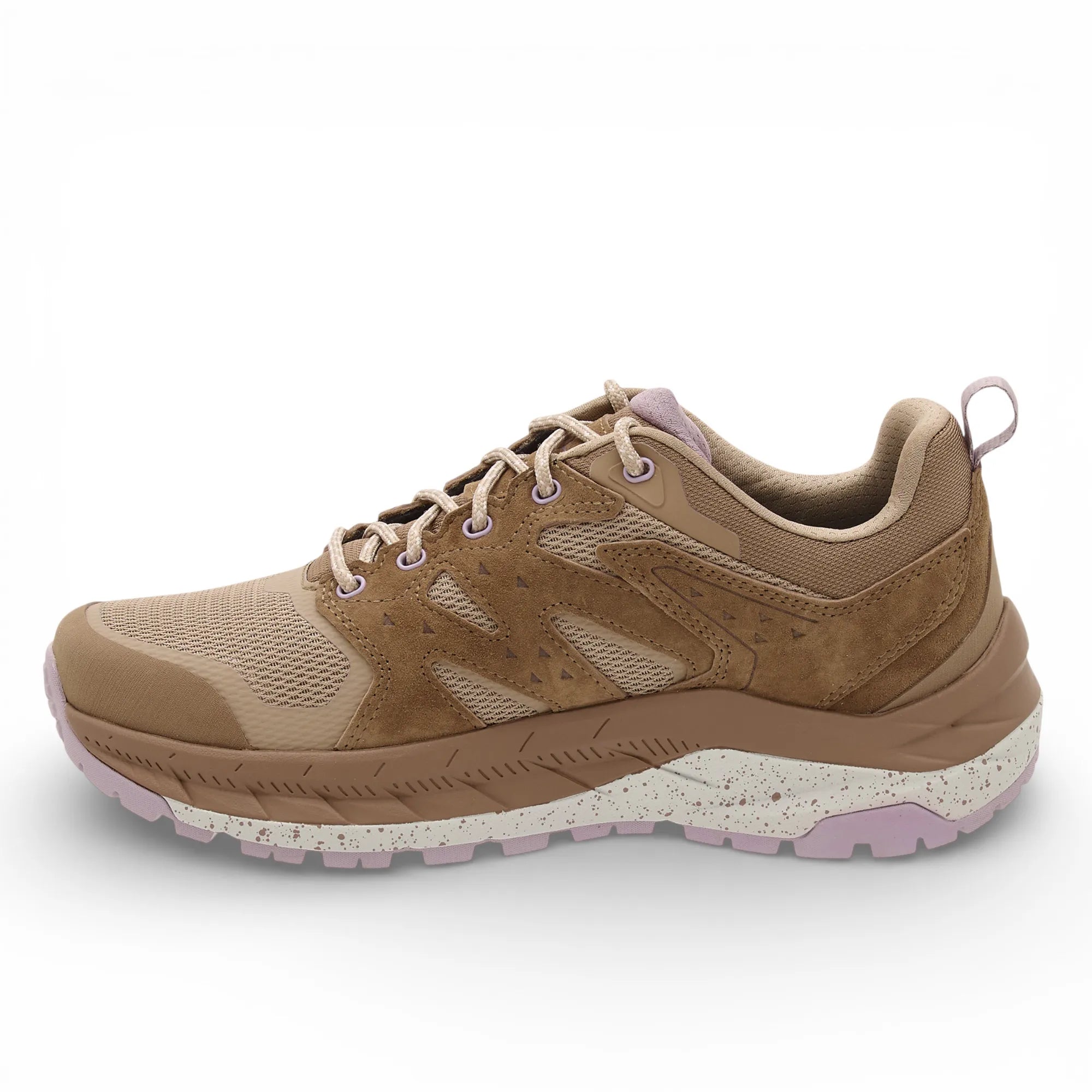 Brown hiking shoe with pink accents on a white background