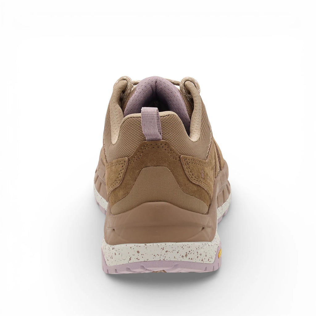 Brown hiking shoe with pink accents on a white background