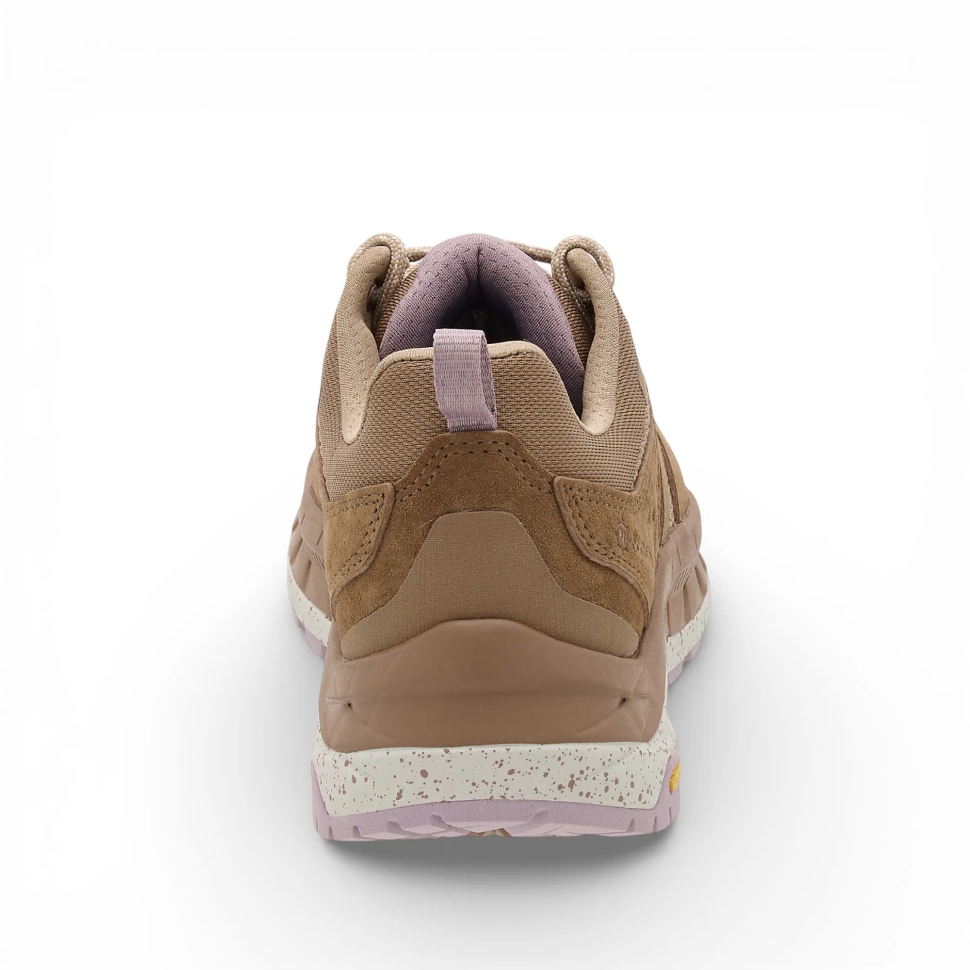 Brown hiking shoe with pink accents on a white background