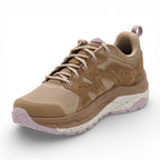Brown hiking shoe with pink accents on a white background