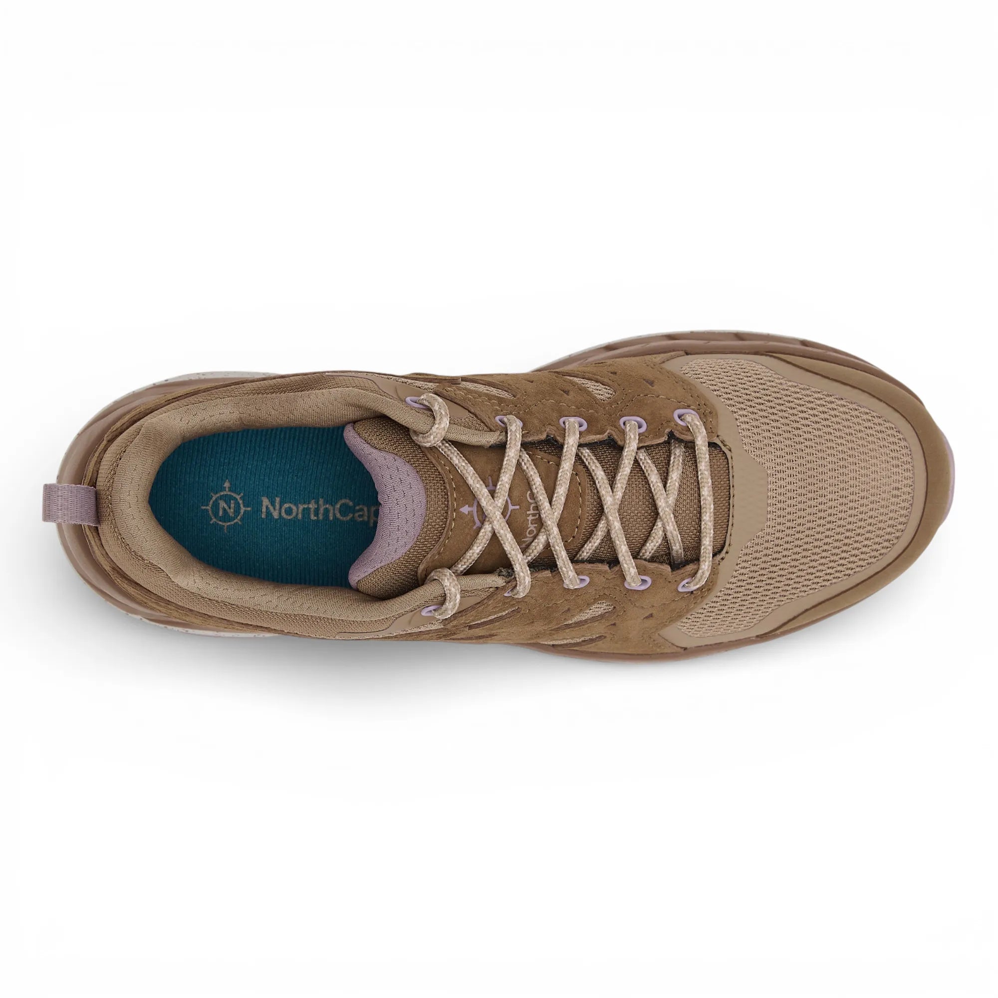 Brown hiking shoe with pink accents on a white background