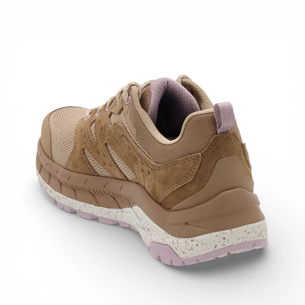Brown hiking shoe with pink accents on a white background