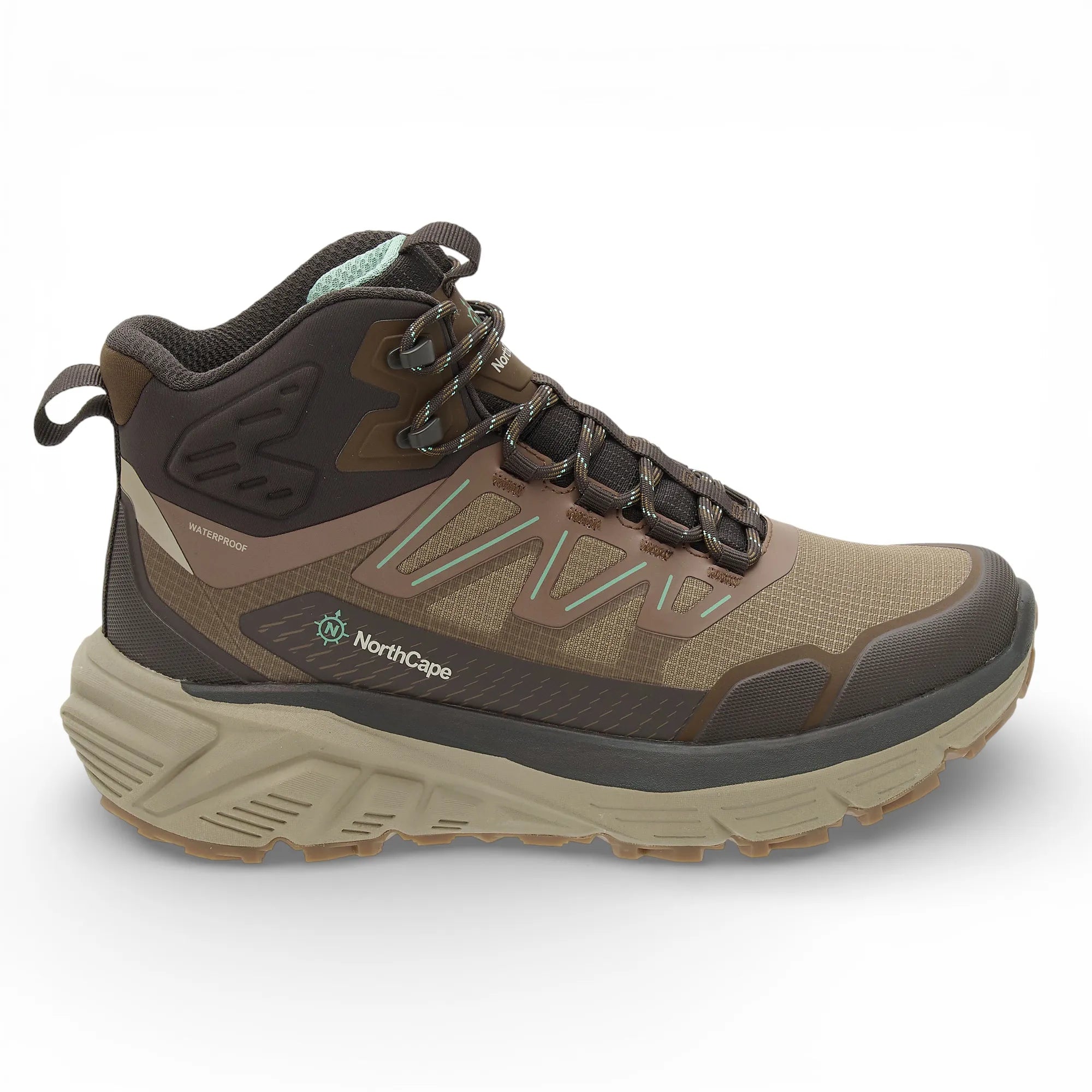 Brown hiking boot with visible NorthCape logo on a white background