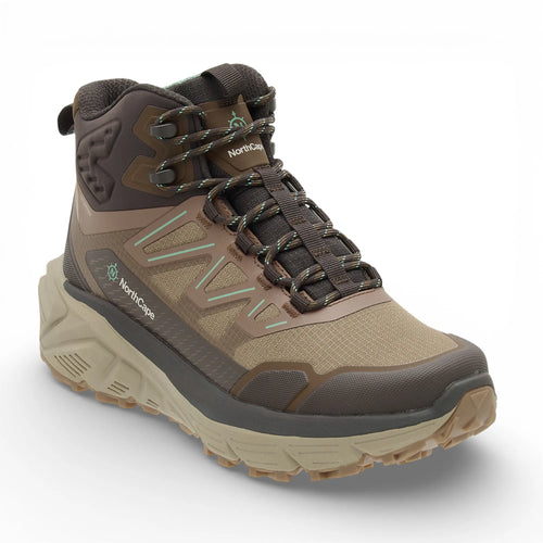 Brown hiking boot with visible brand logo on a white background
