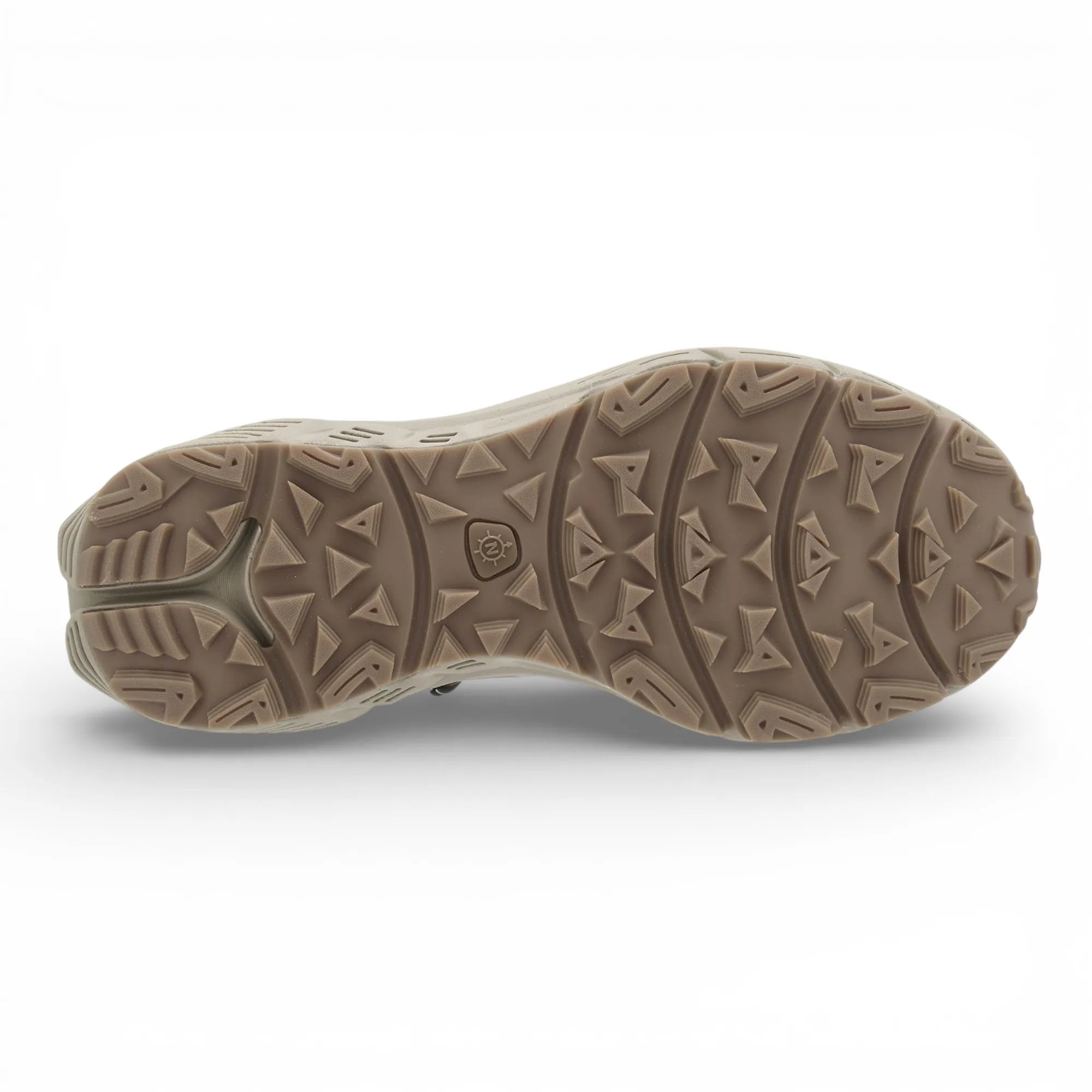 Close-up of a brown shoe sole with tread pattern on a white background