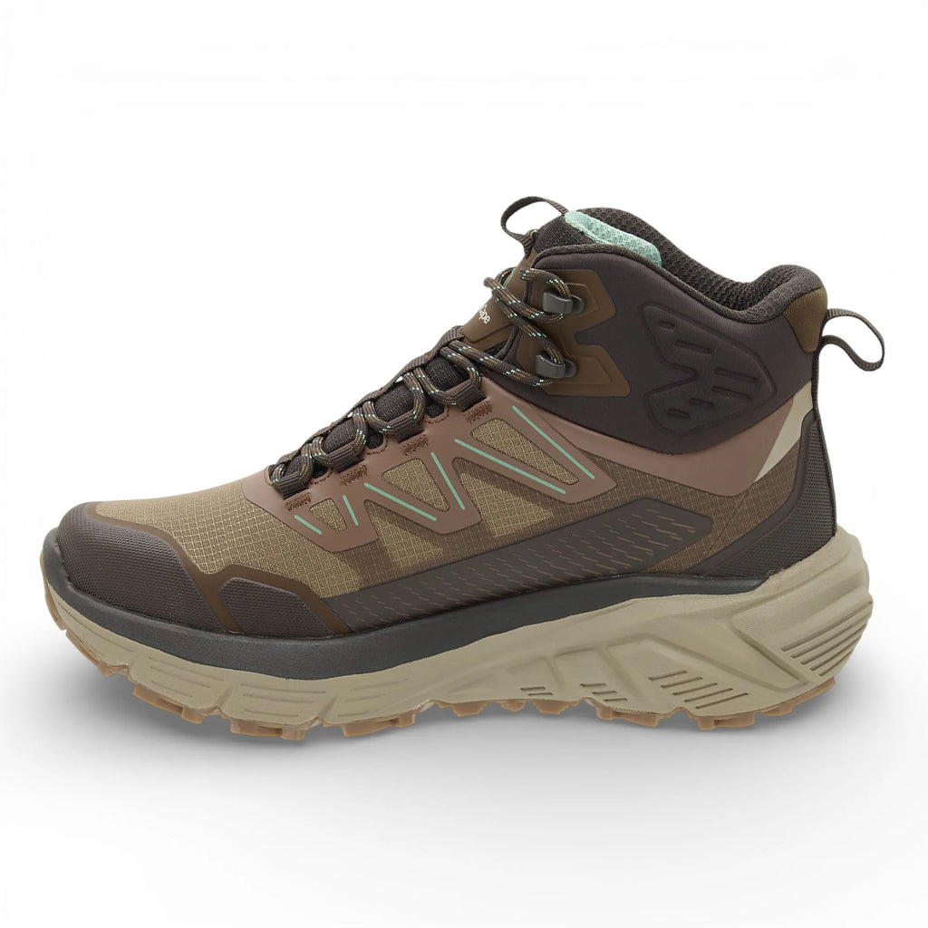 Brown hiking boot with a white background