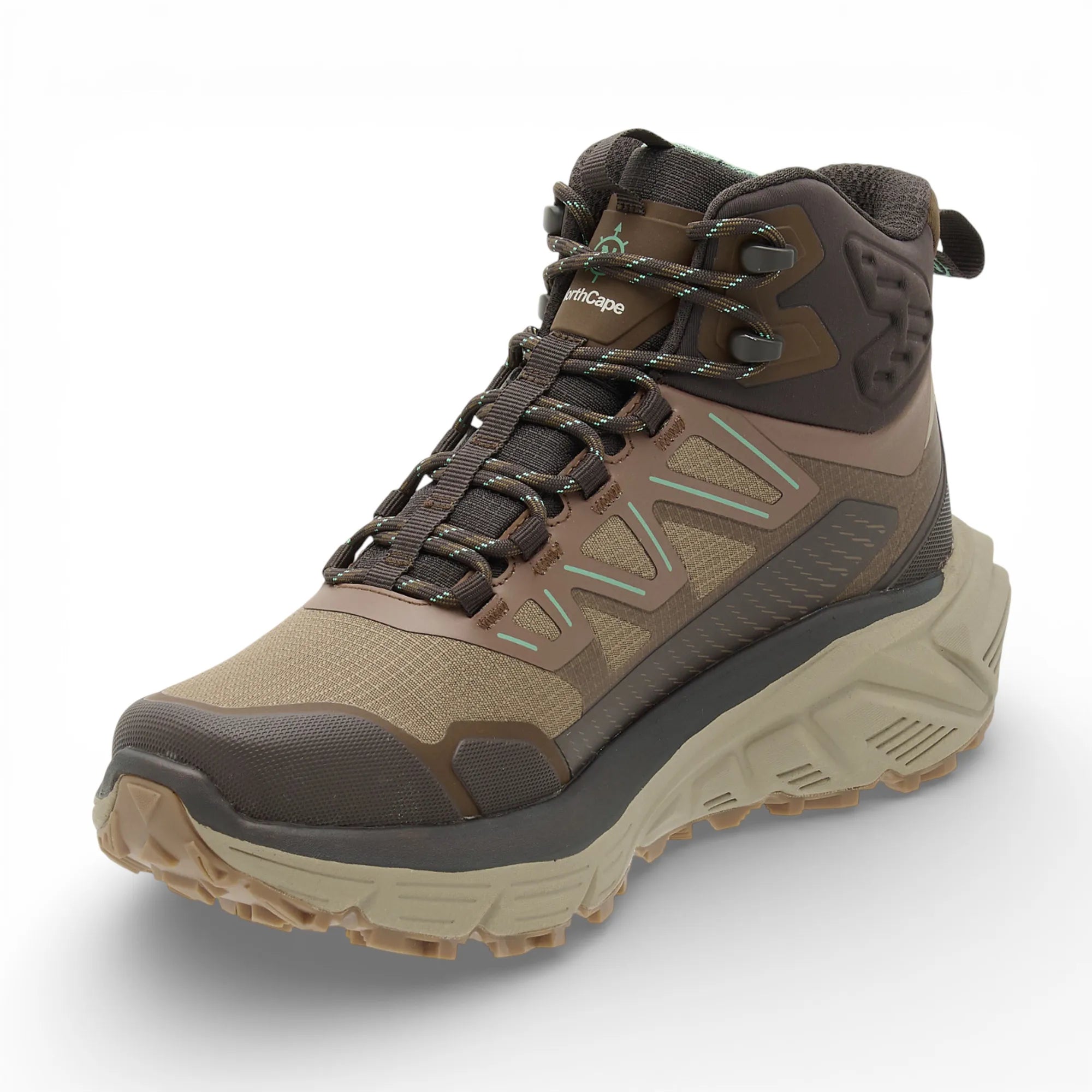 Brown hiking boot with visible brand logo on a white background