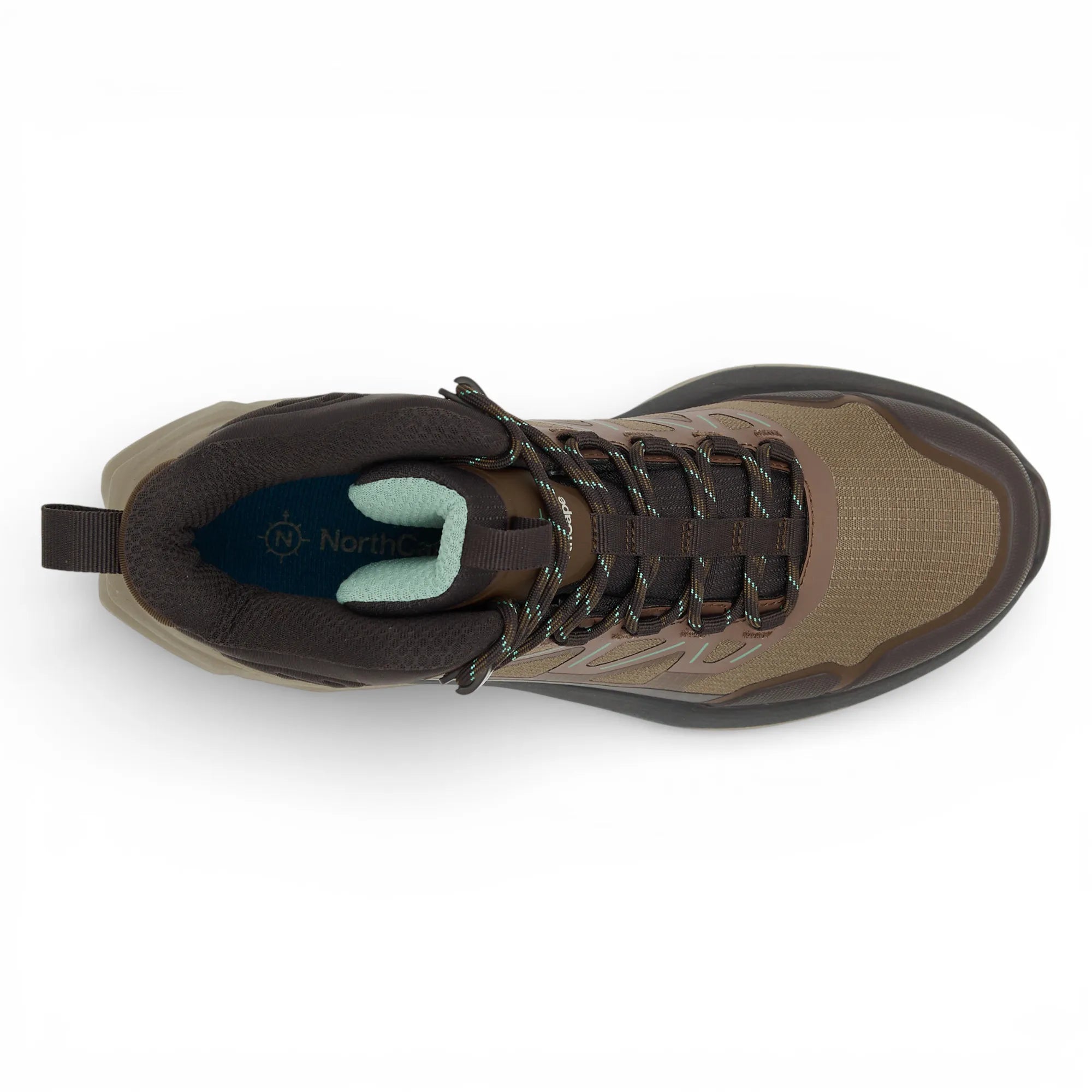 Brown hiking boot with visible brand logo on a white background