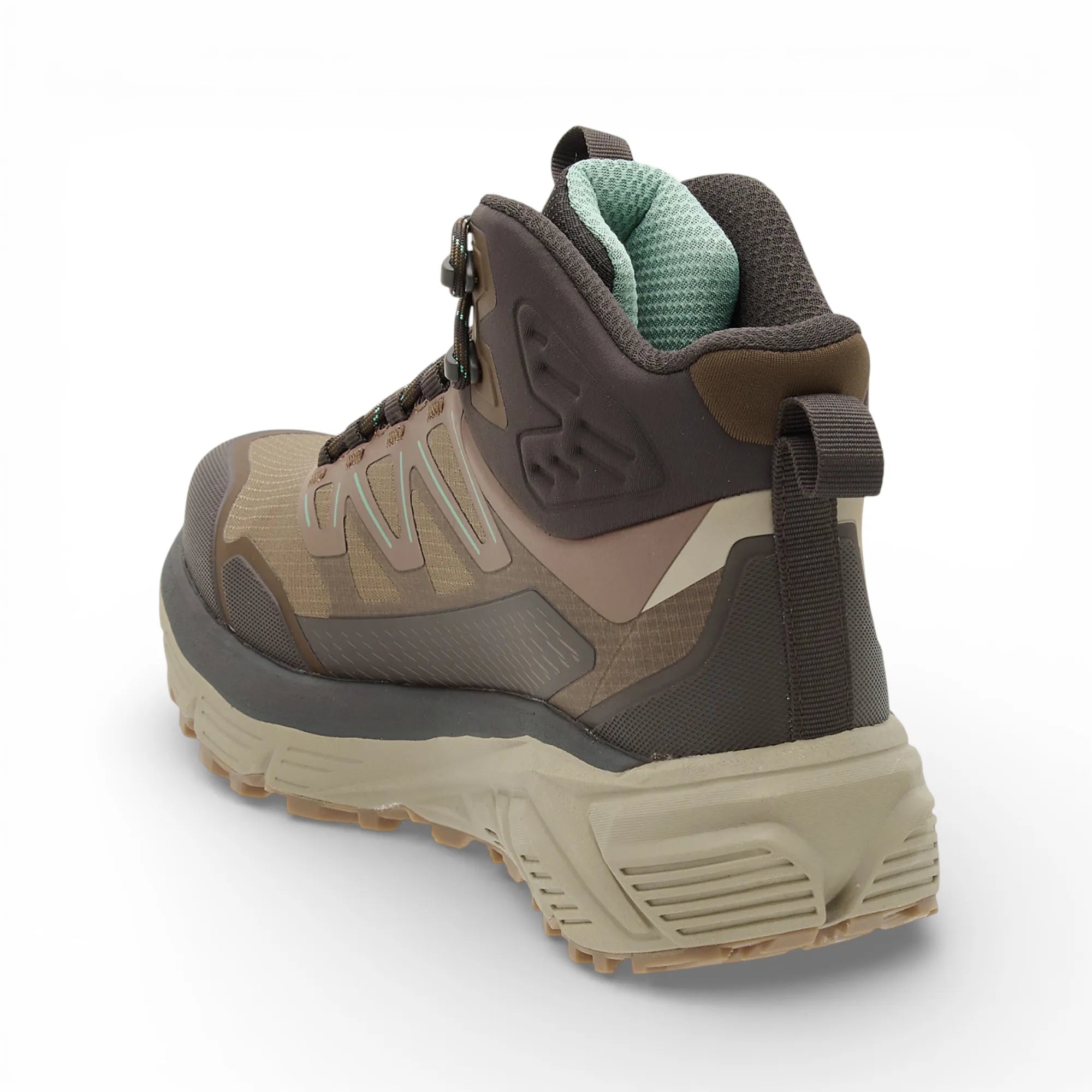 Brown and beige hiking boot on a white background