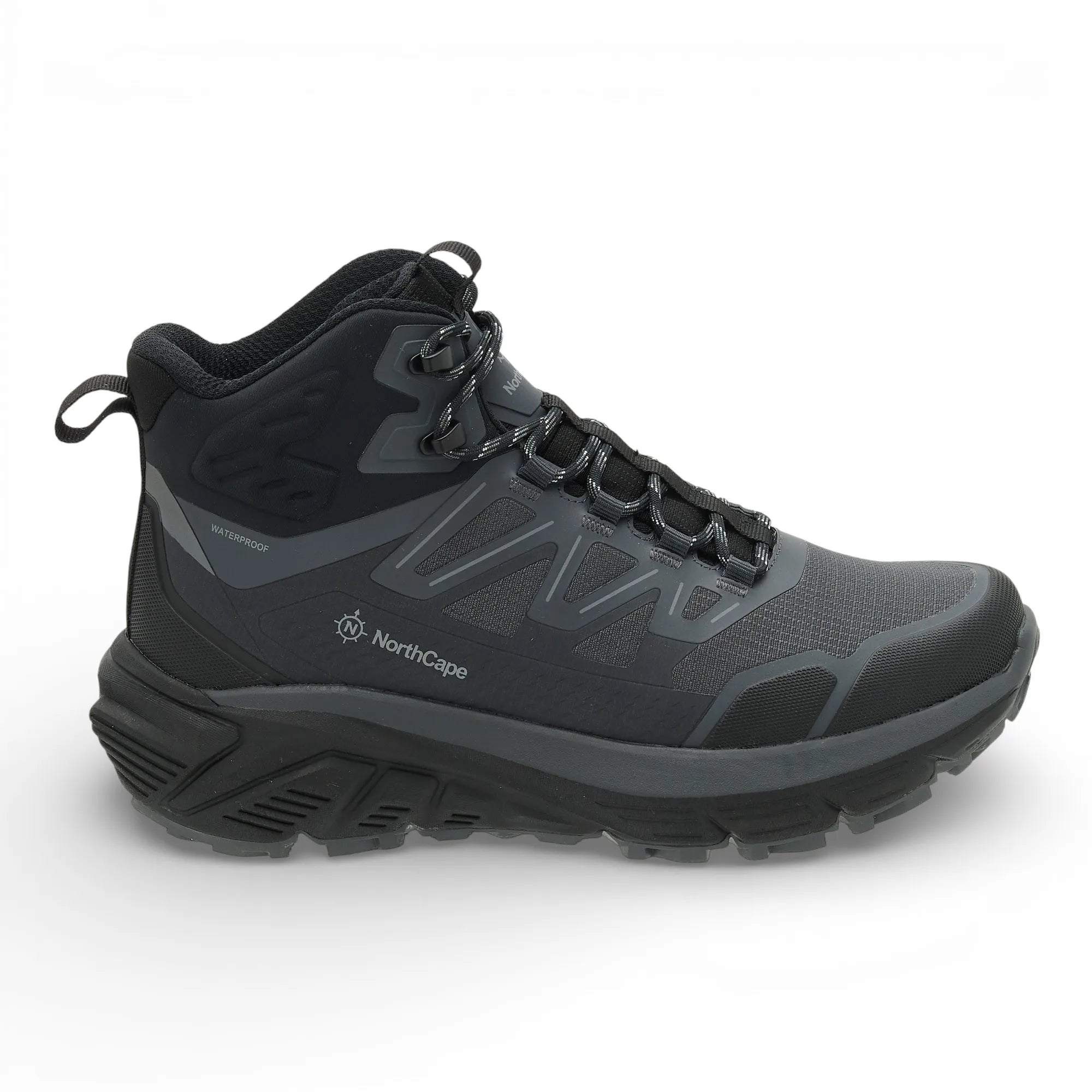 Black and gray hiking boot with NorthCape branding on a white background