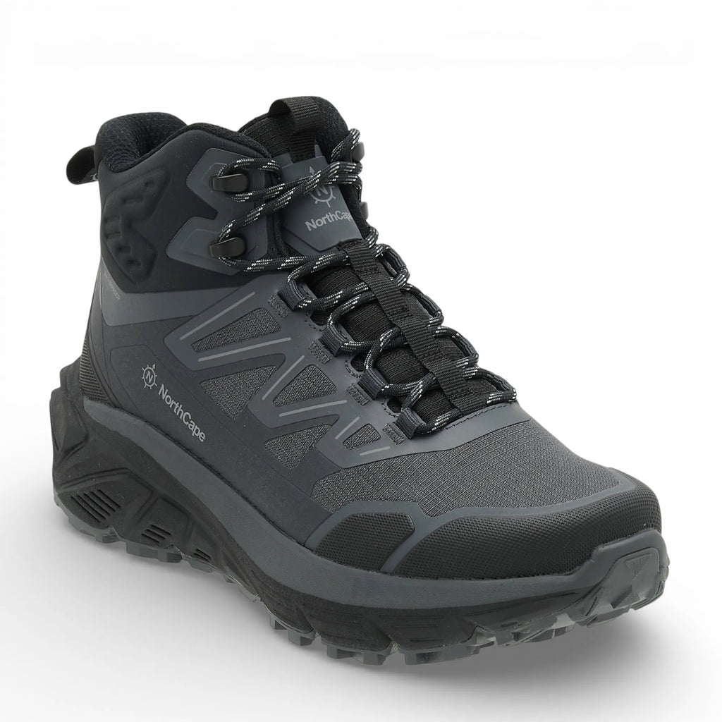 Gray hiking boot with black accents on a white background